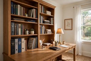 A Home Office Bookshelf with Desk Combo Unit: Work and Storage in One Piece