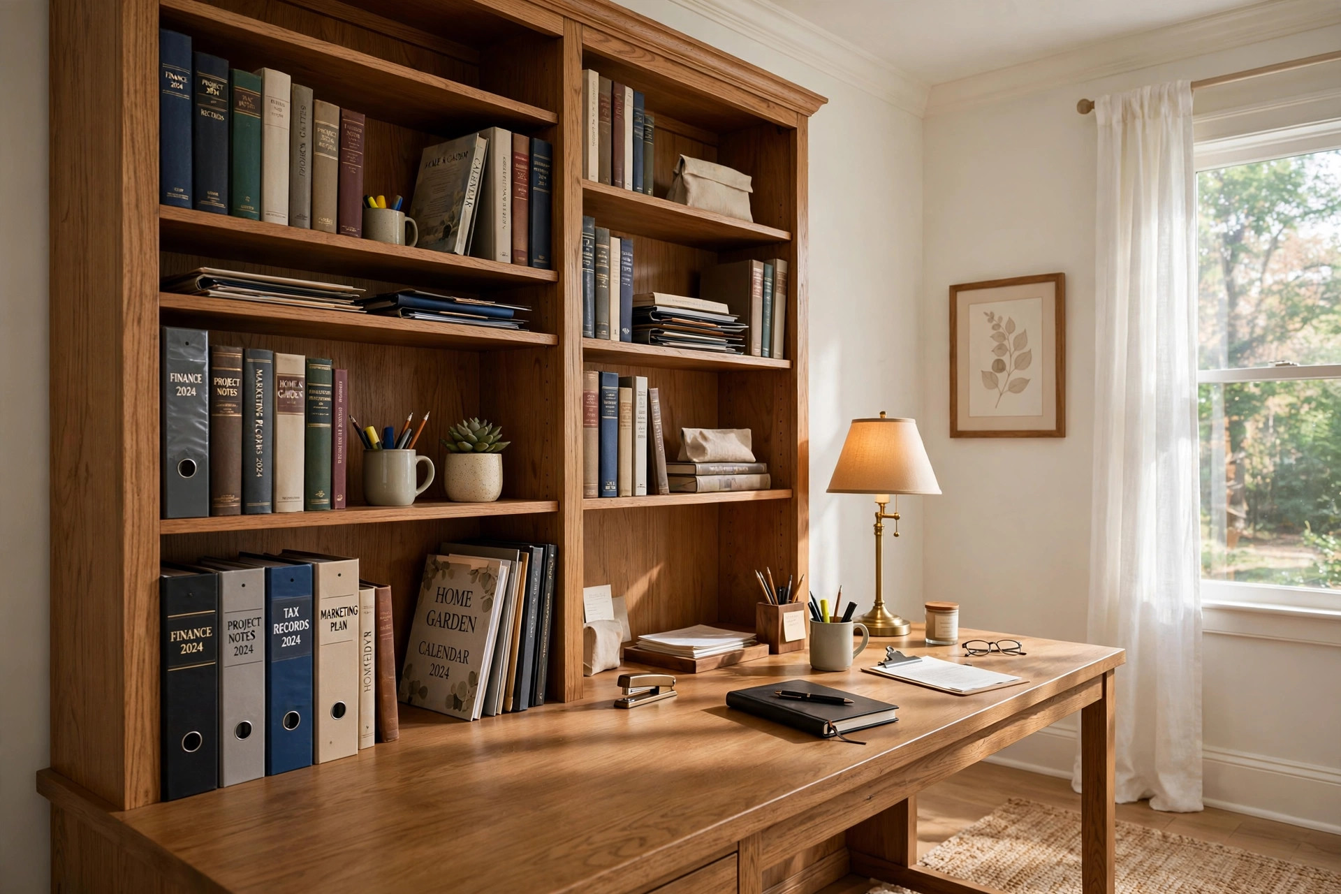 Home office bookshelf with desk combo unit in a bright study room