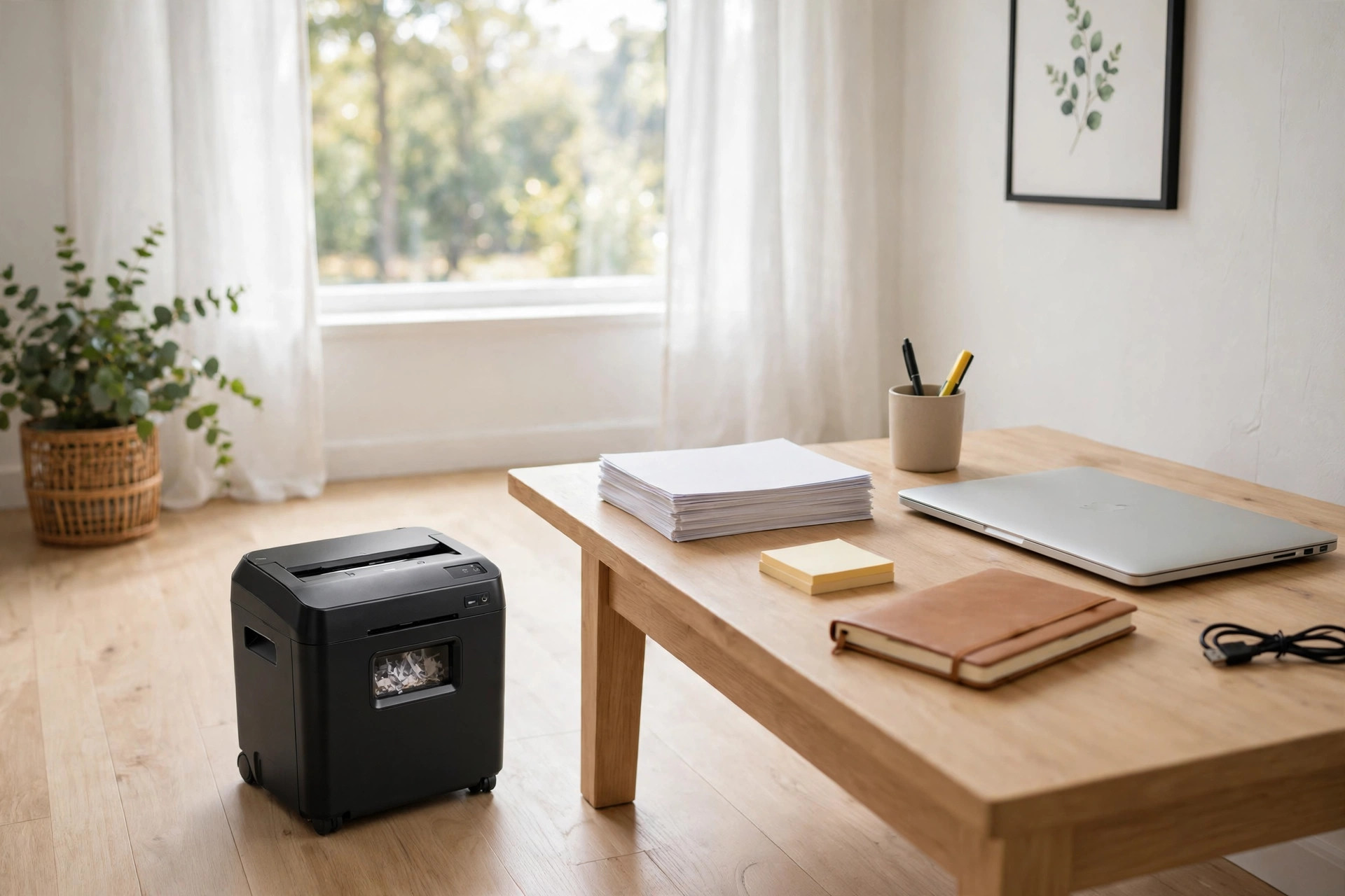 A quiet paper shredder for home office apartment use sits on a hardwood floor beside a wooden desk in a bright apartment home office