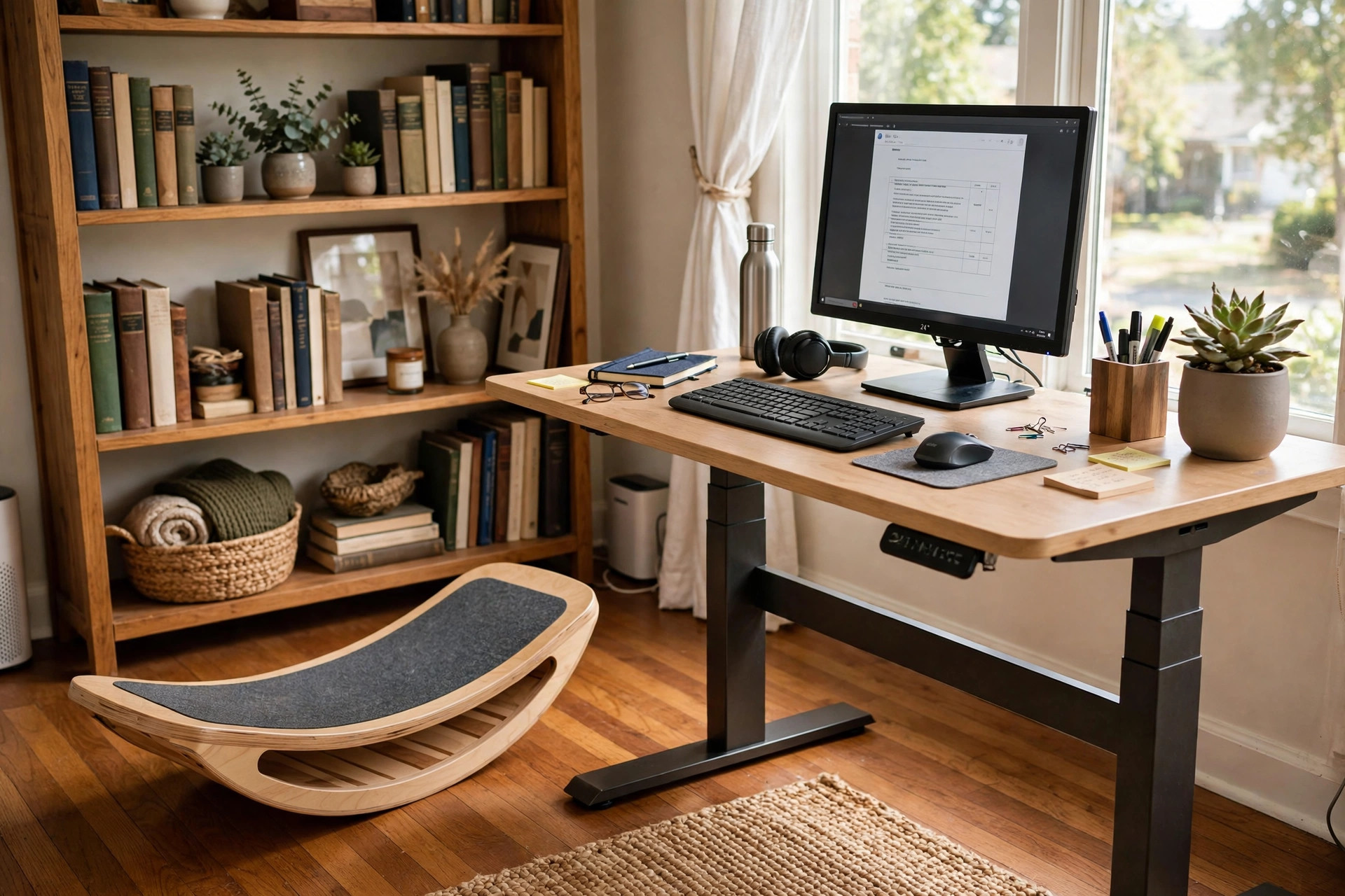 ergonomic balance board for standing desk use: A balance board for standing desk use in a home office