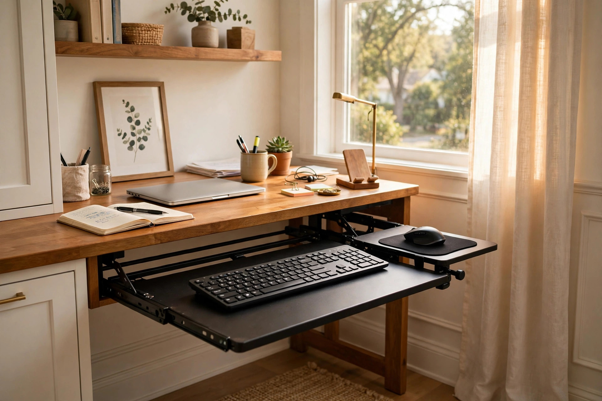 Adjustable under desk keyboard tray ergonomic setup in a home office