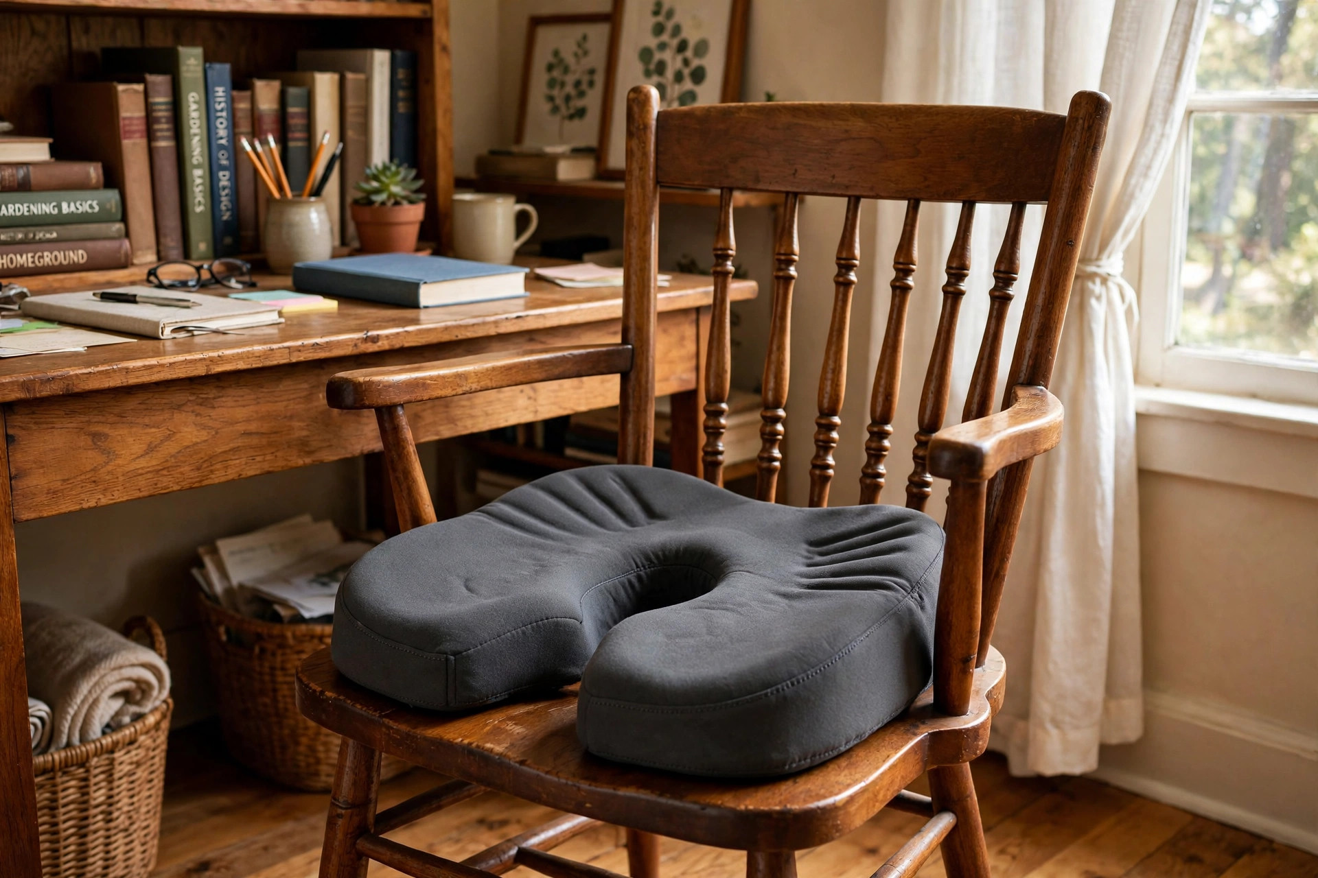 Ergonomic seat cushion for wooden office chair on a wooden desk chair in a home office