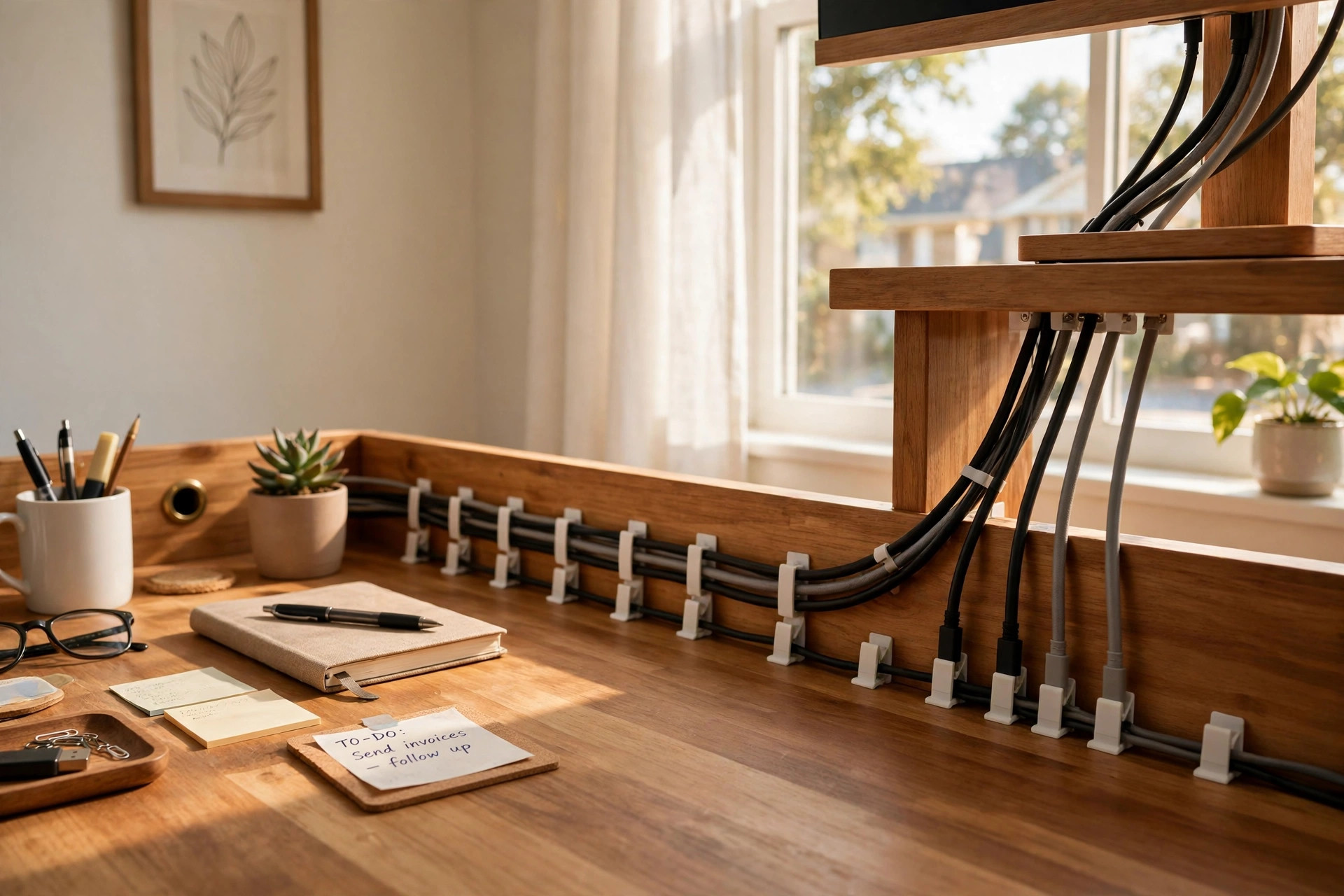 best cable clips for desk wire management: Cable clips organizing desk wires for clean desk wire management