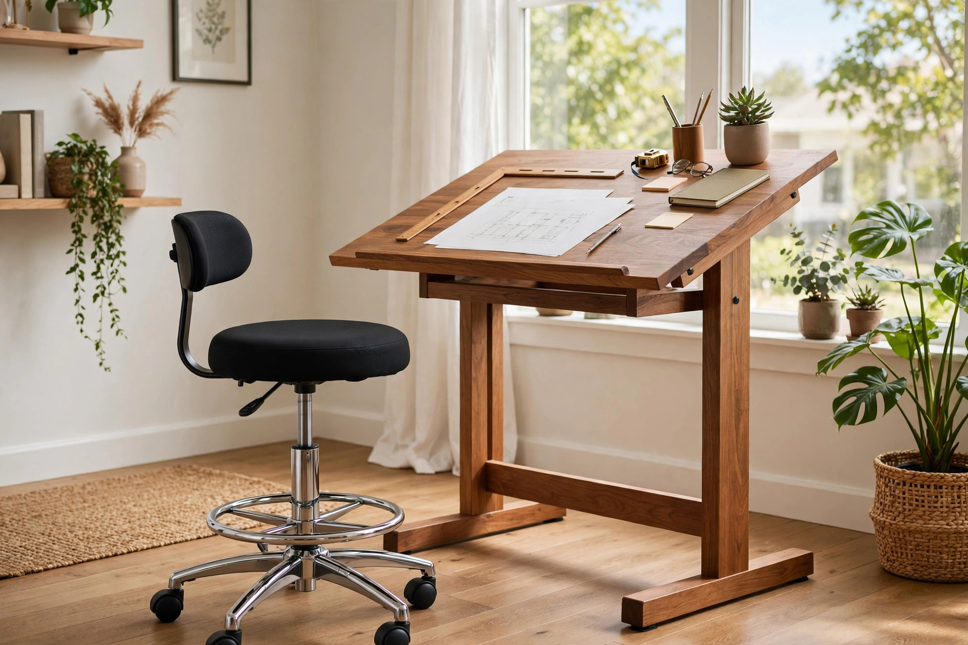 Ergonomic drafting stool with foot ring in a home office studio