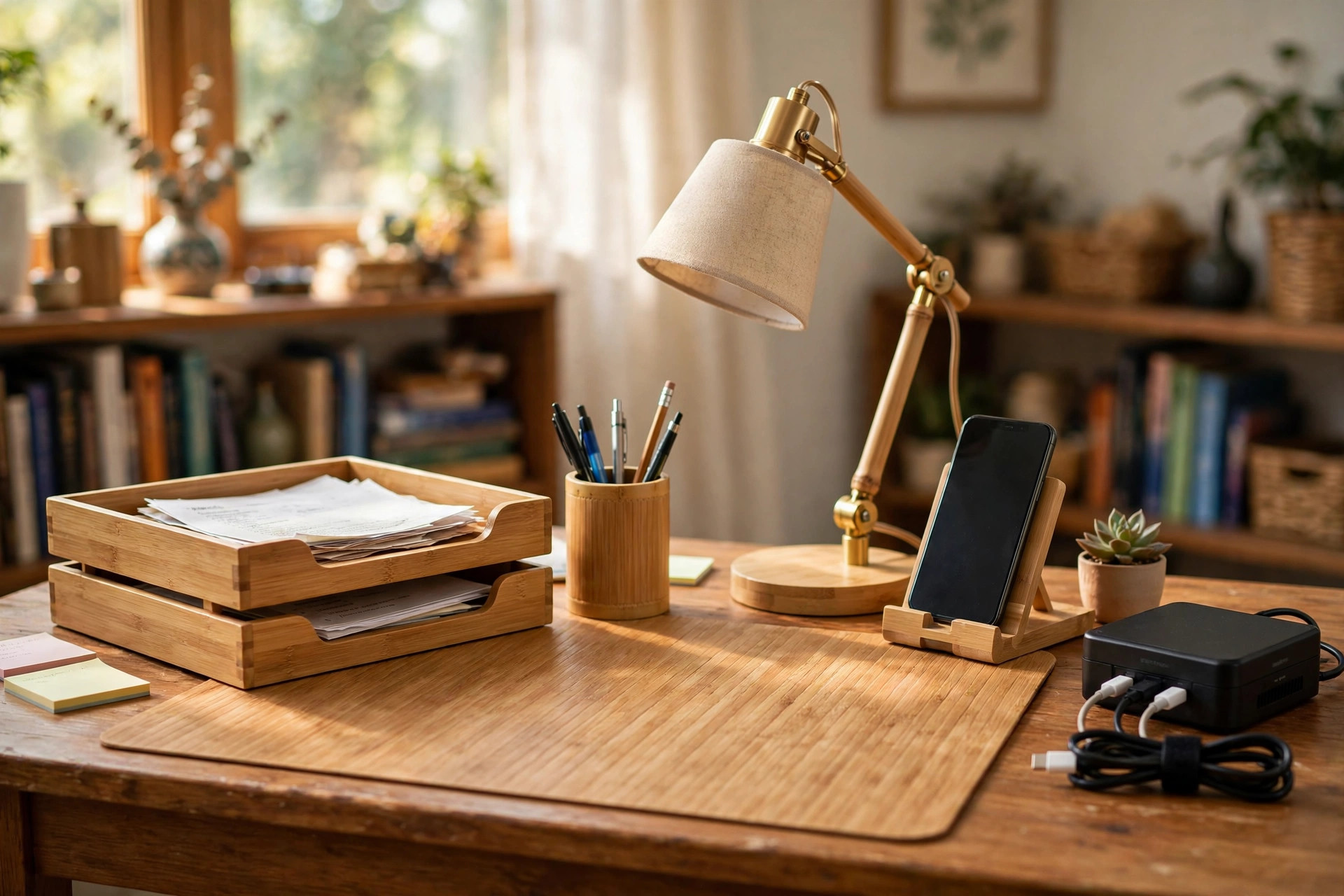 best desk accessories set for new home office on wooden desk
