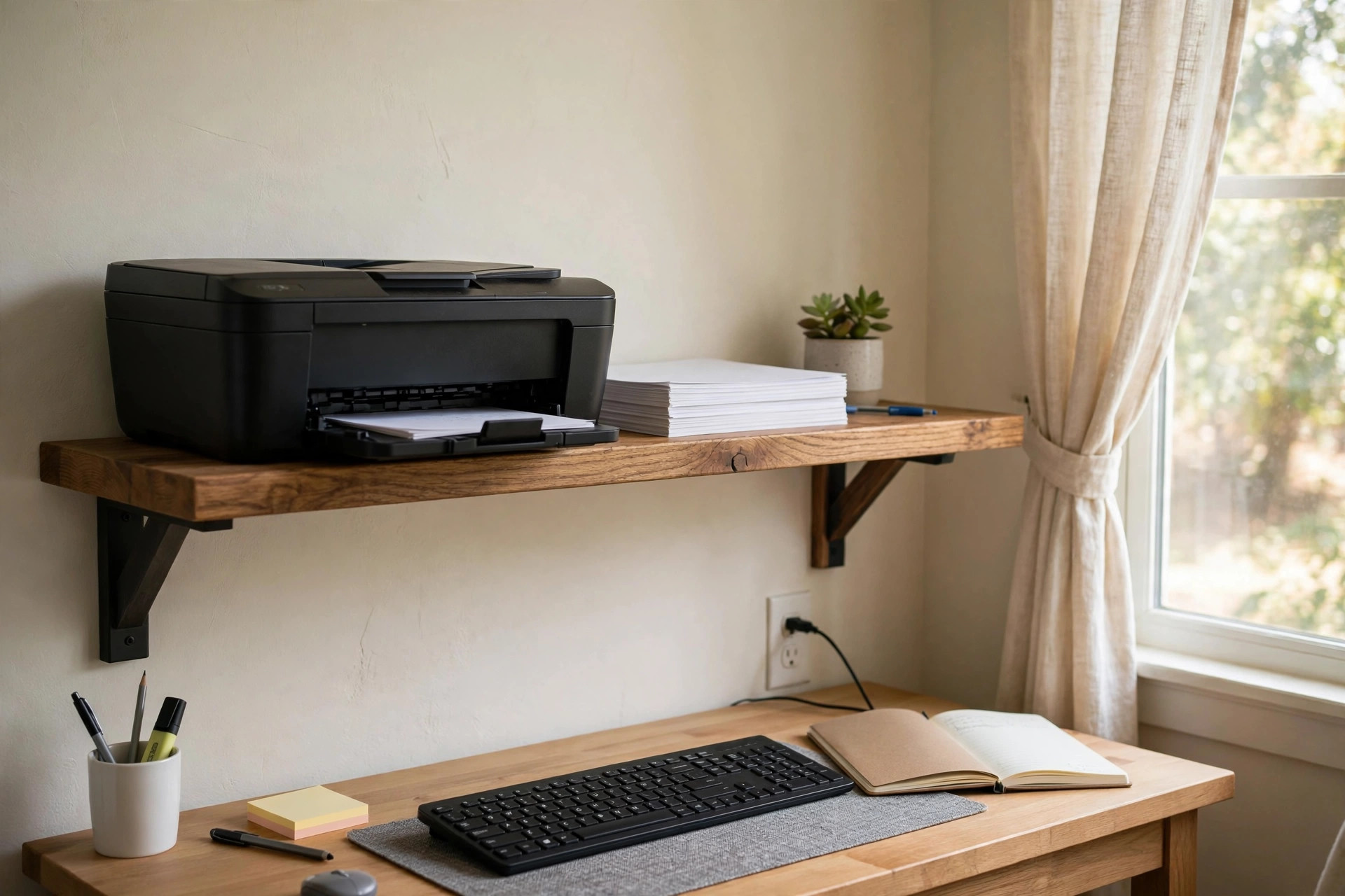 Home office wall shelf for printer storage holding a printer in a small office