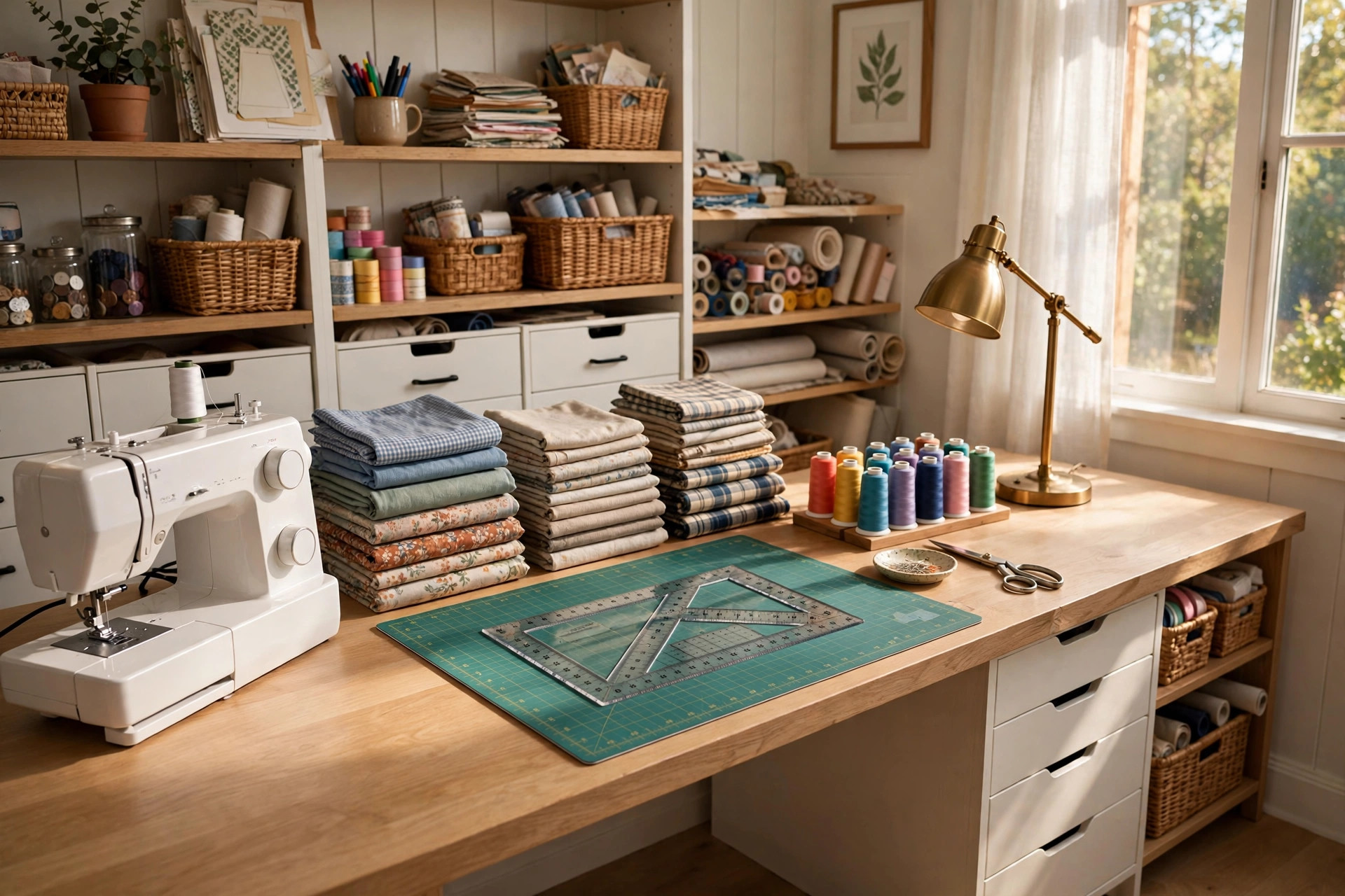 The best home office desk for crafters and sewing, set up in a bright home room