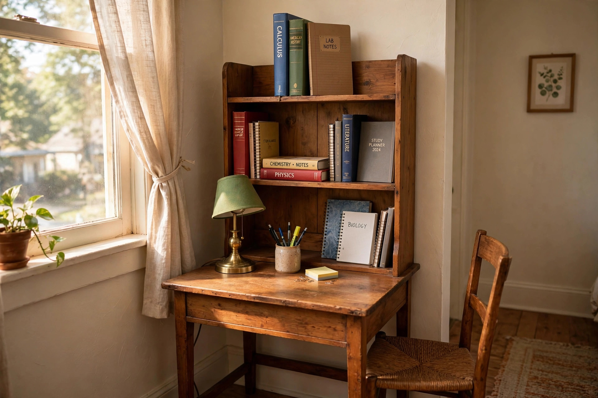 A small desk with built in bookshelf for students in a small bedroom
