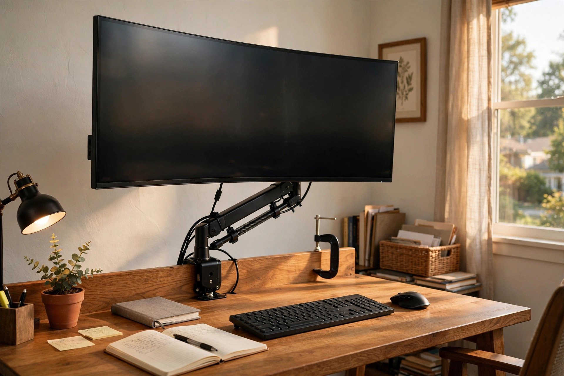 adjustable monitor arm for heavy 34 inch monitor: Adjustable monitor arm holding a heavy 34 inch monitor on a home office desk