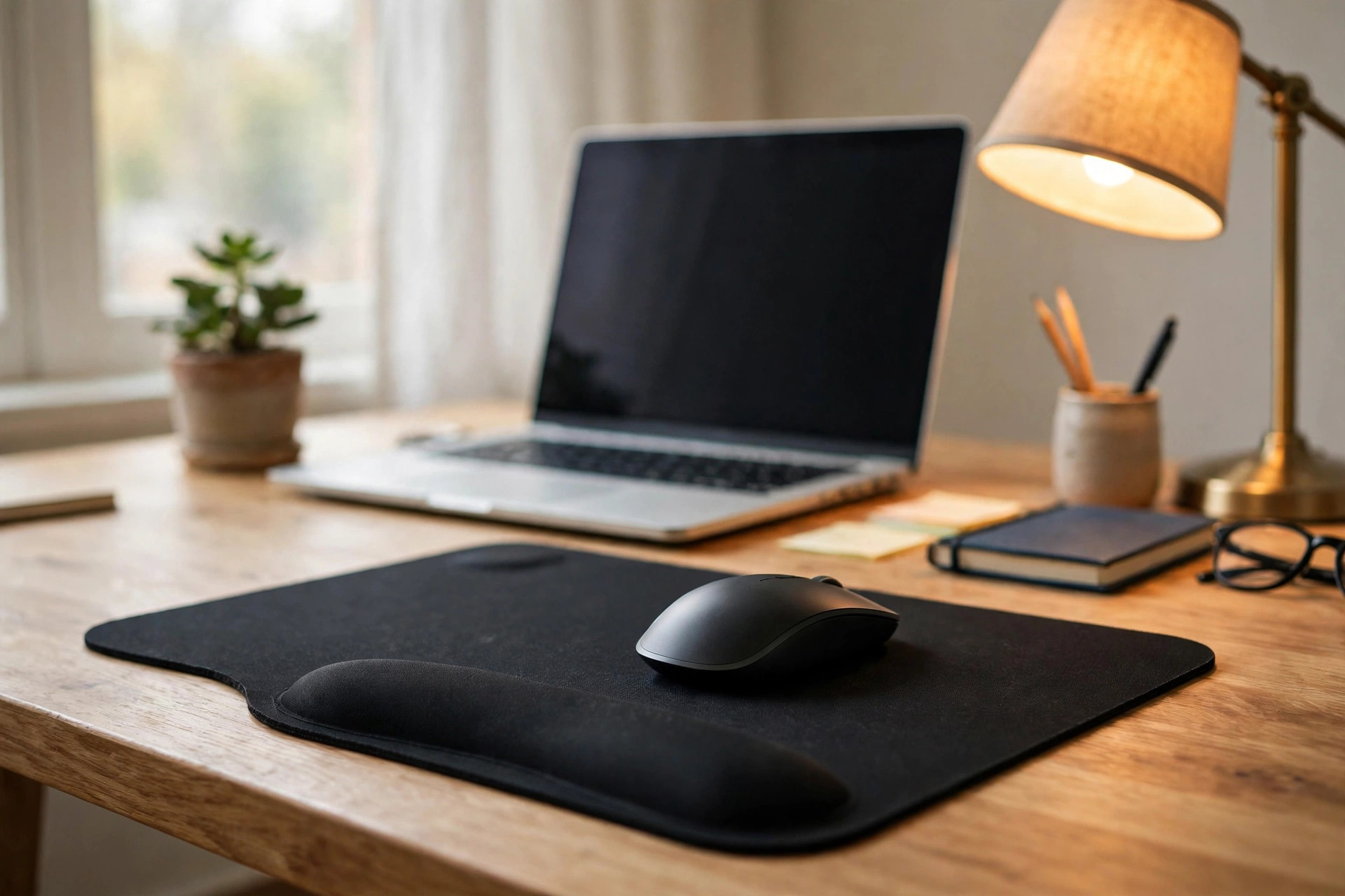 Woman's home office desk with an ergonomic mouse pad with gel wrist support beside a computer mouse