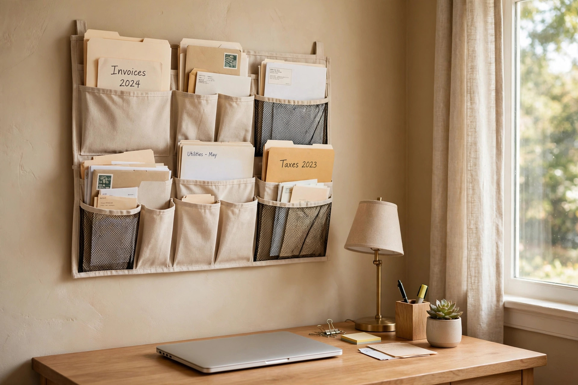 home office file organizer wall mounted pockets: Home office file organizer with wall mounted pockets holding papers on a wall