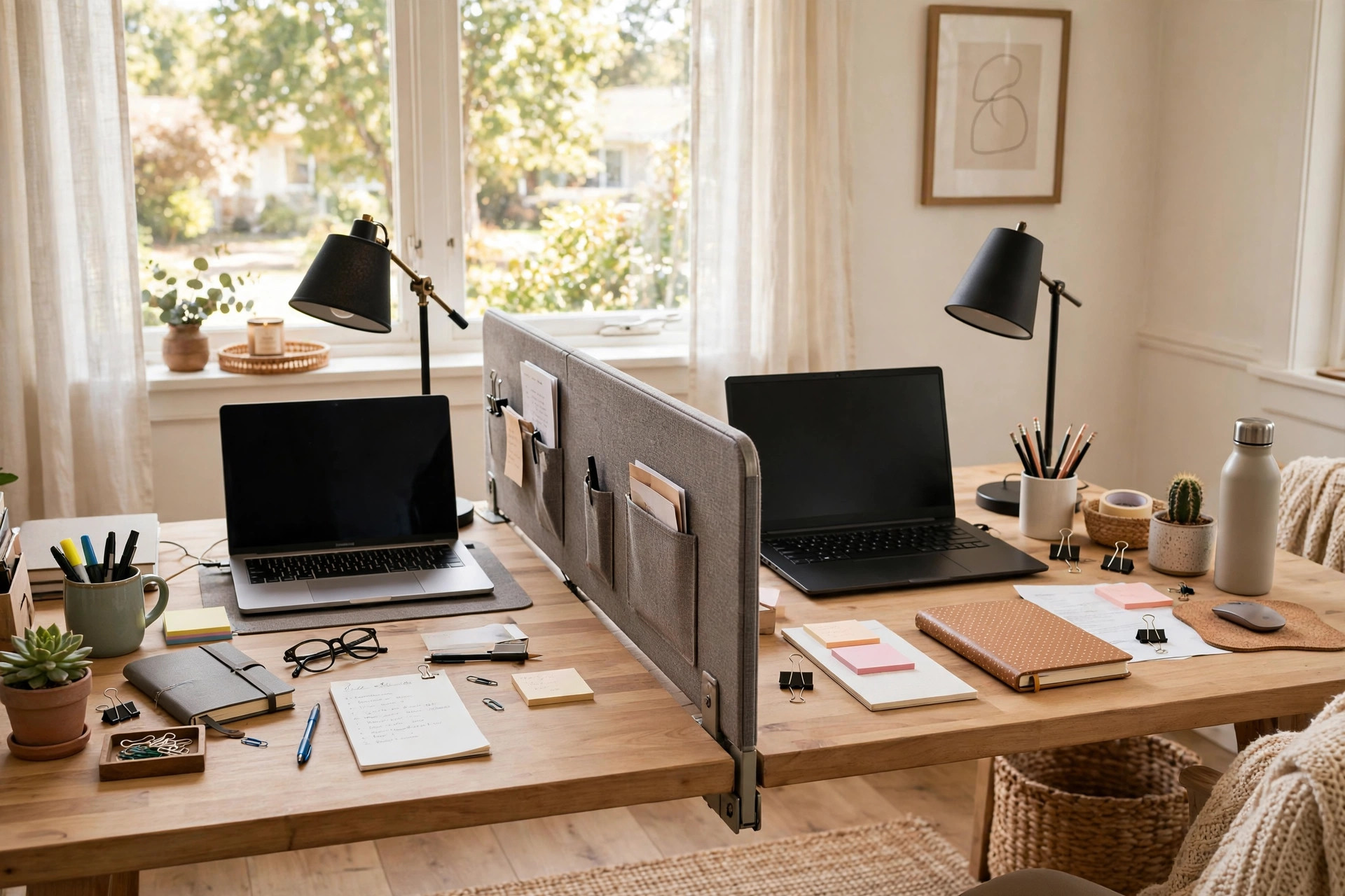 Adjustable desk divider for shared home office set up on a desk in a bright room