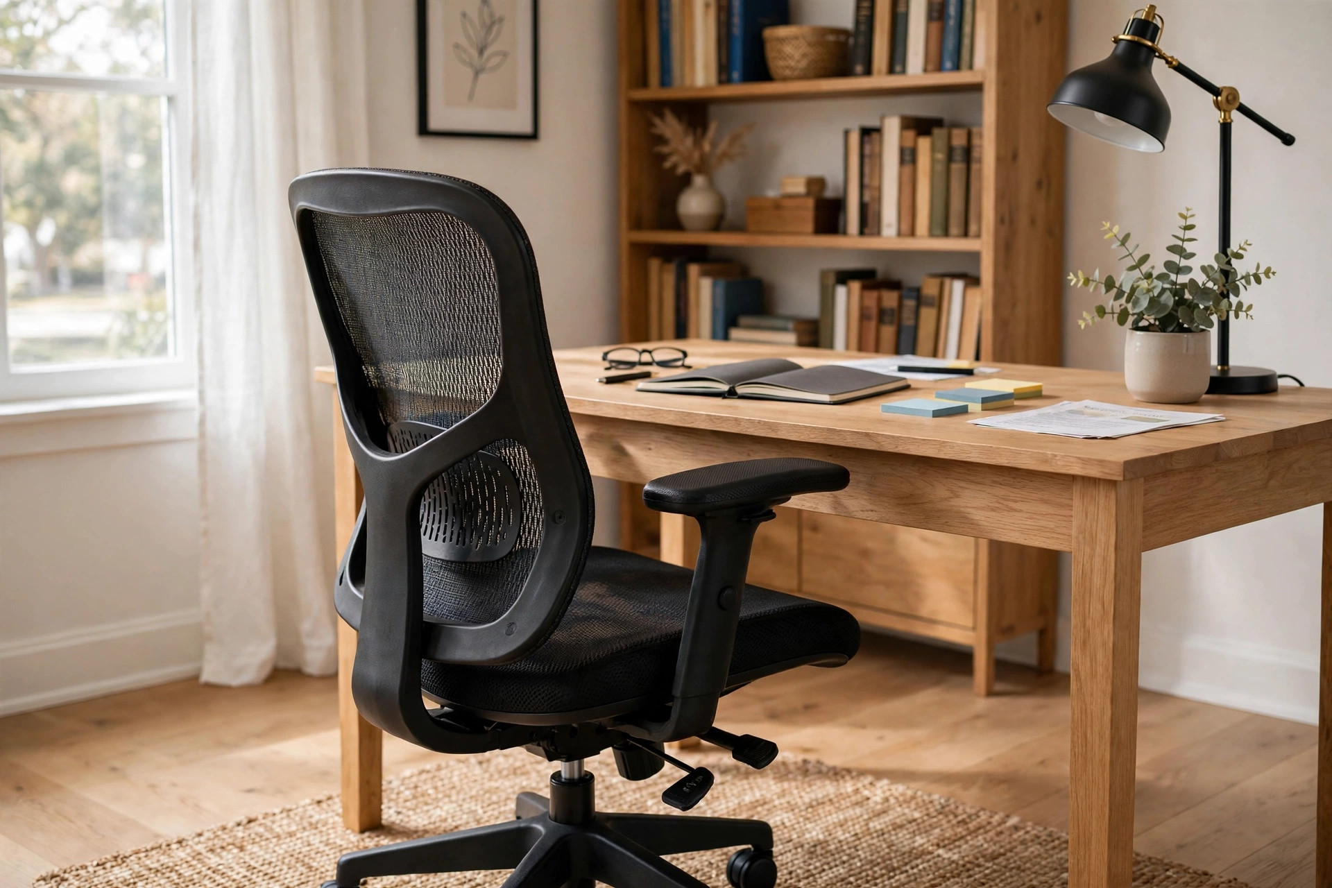 A home office chair with breathable mesh seat in a home workspace