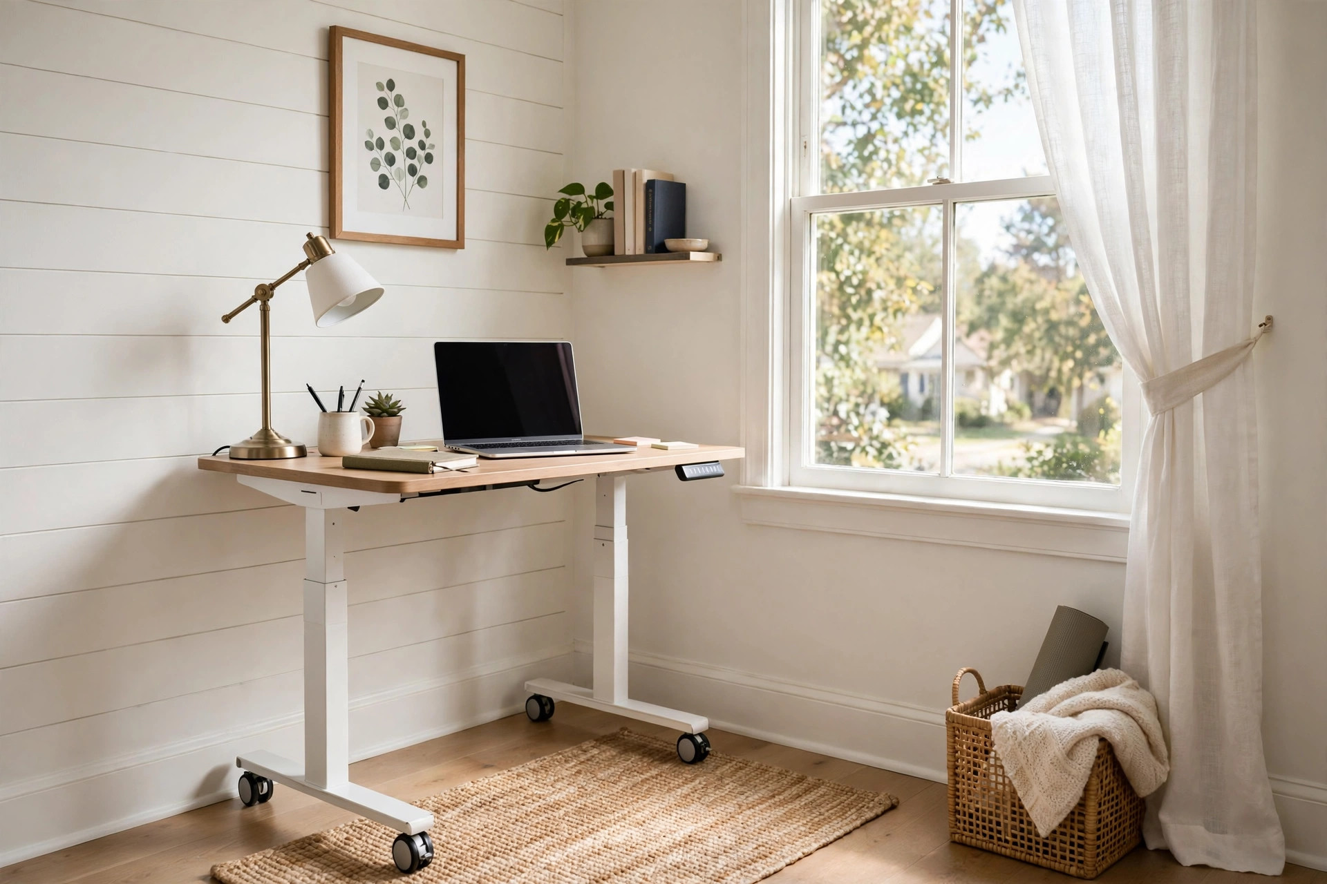 small standing desk with wheels for mobility: A small standing desk on caster wheels in a bright home office corner