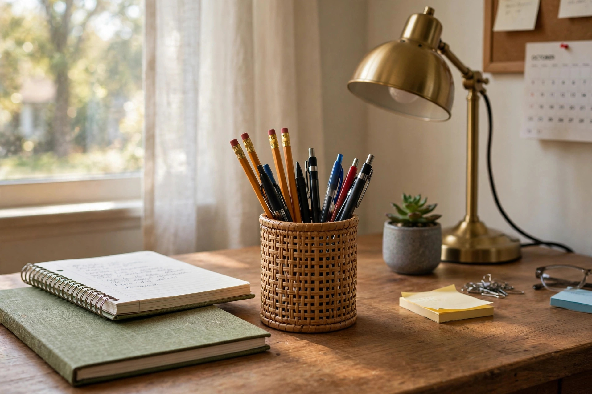 best pen cup holder for office desk organization: A pen cup holder with pens and pencils on an office desk