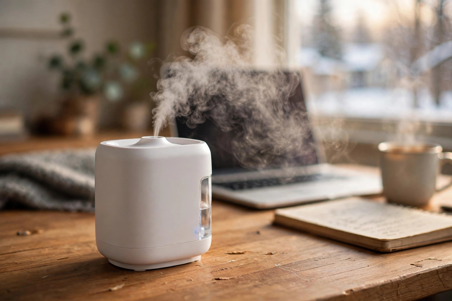 Home office humidifier for dry winter air beside a wooden desk in a warm home office