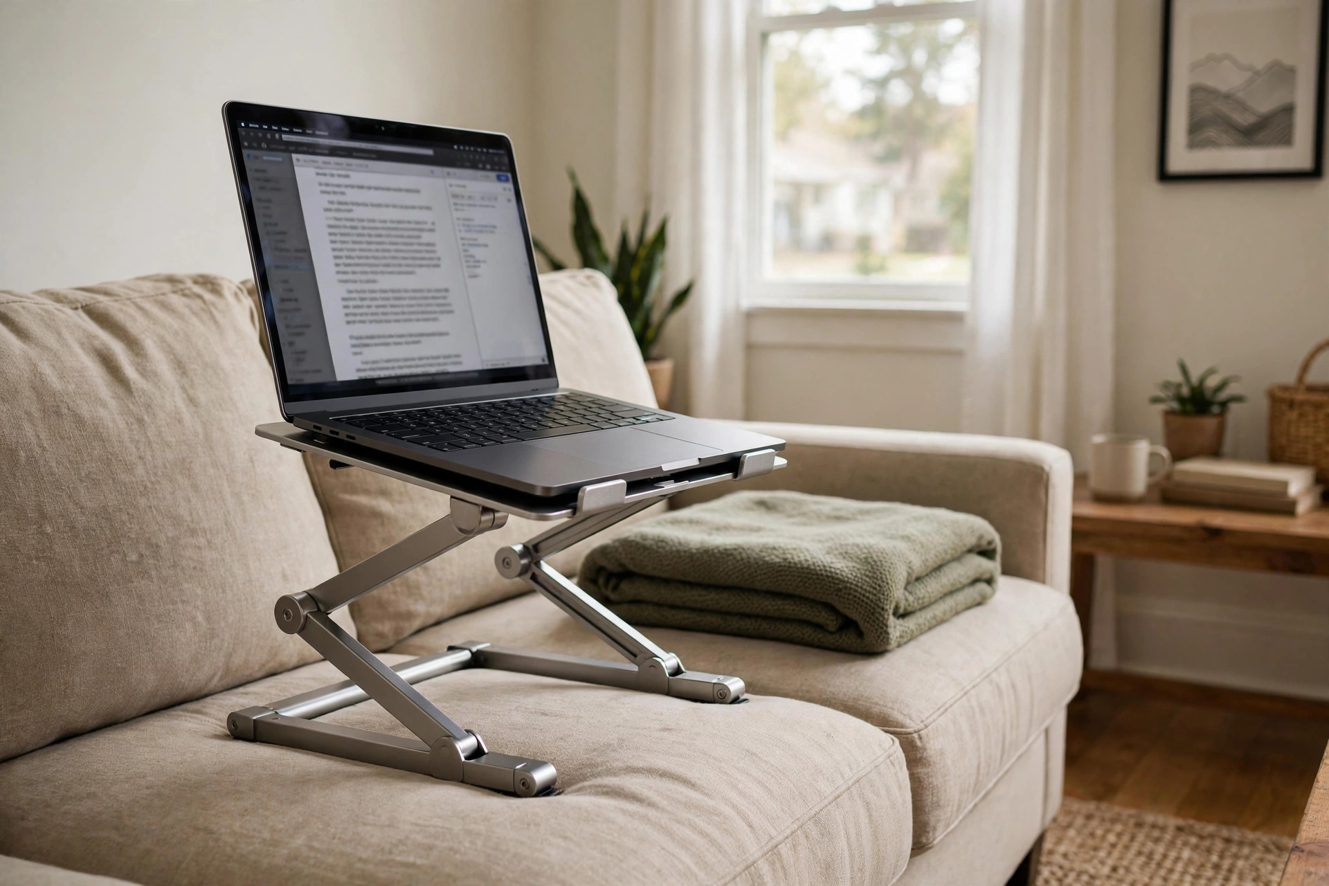 Ergonomic laptop stand for couch and bed with a laptop on it