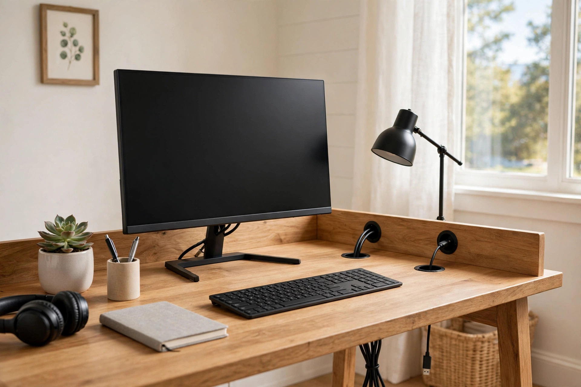 A home office desk with cable management holes in a bright American home office