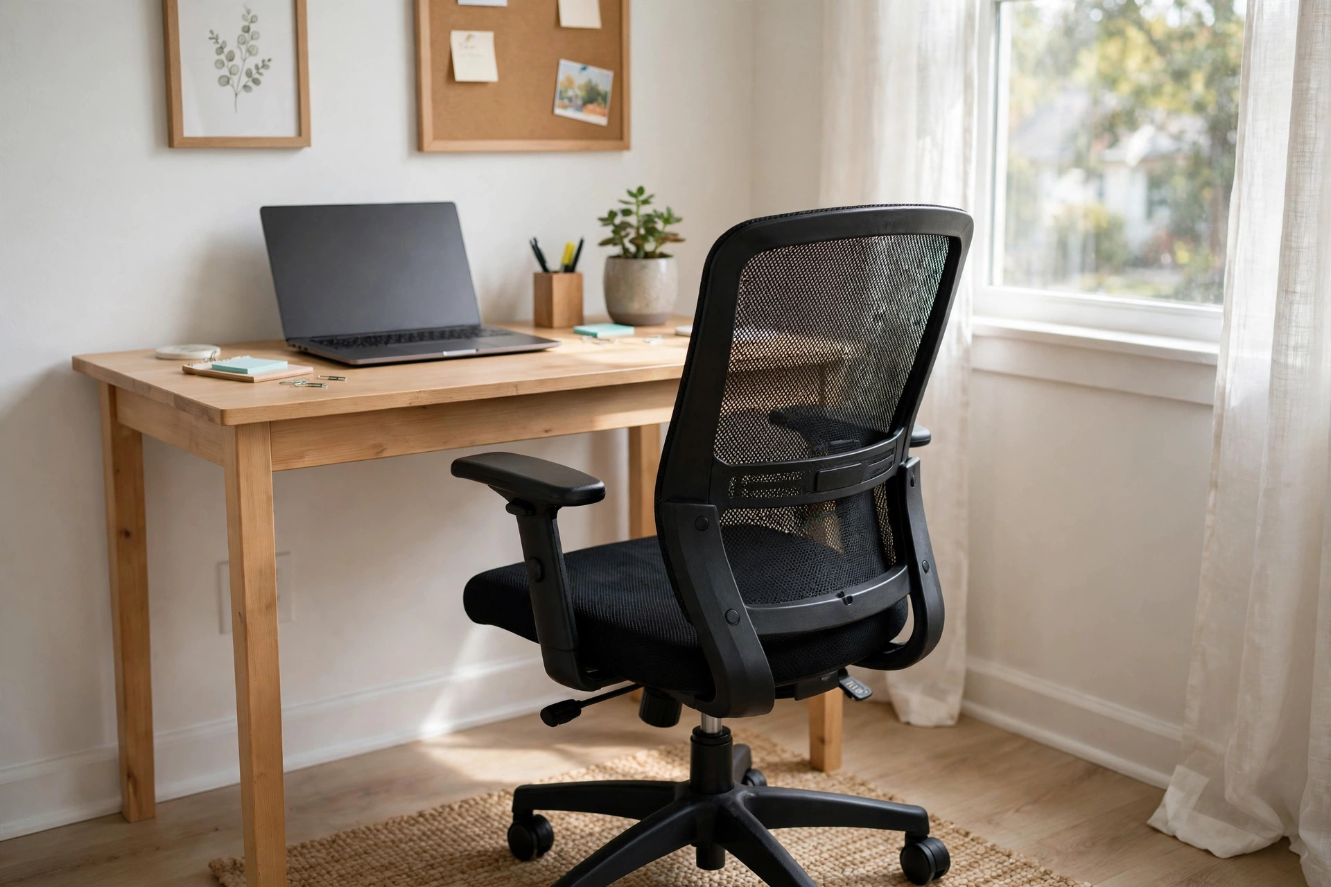 best budget office chair under 150 dollars: A black mesh budget office chair at a wooden desk in a home office