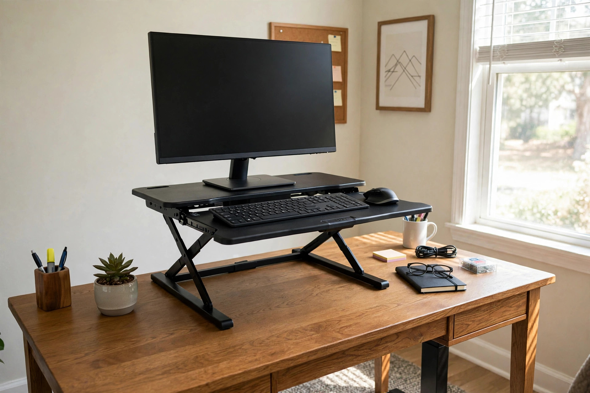 Ergonomic standing desk converter with keyboard tray on a home office desk