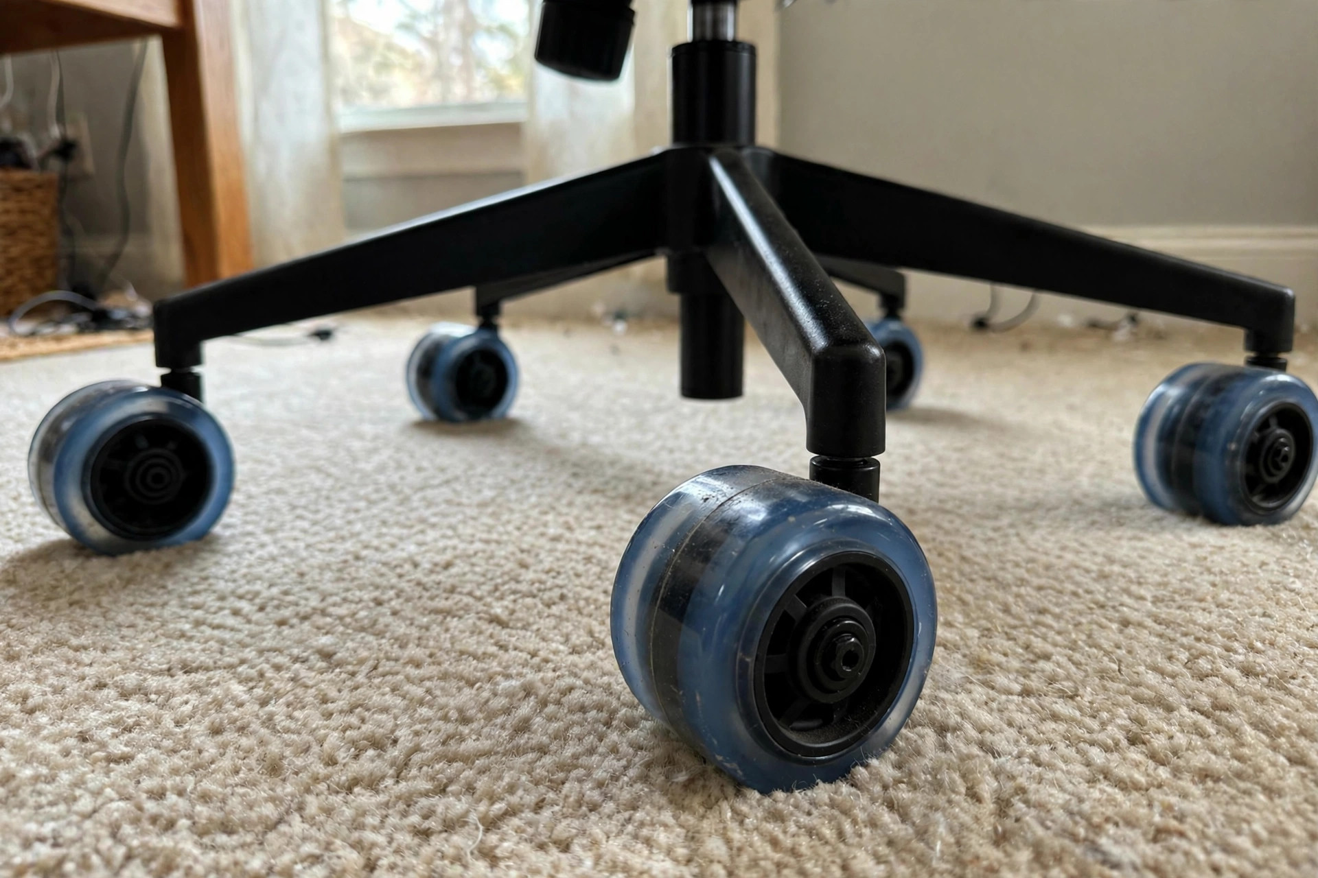 Home office chair replacement wheels for carpet installed on an office chair standing on beige carpet