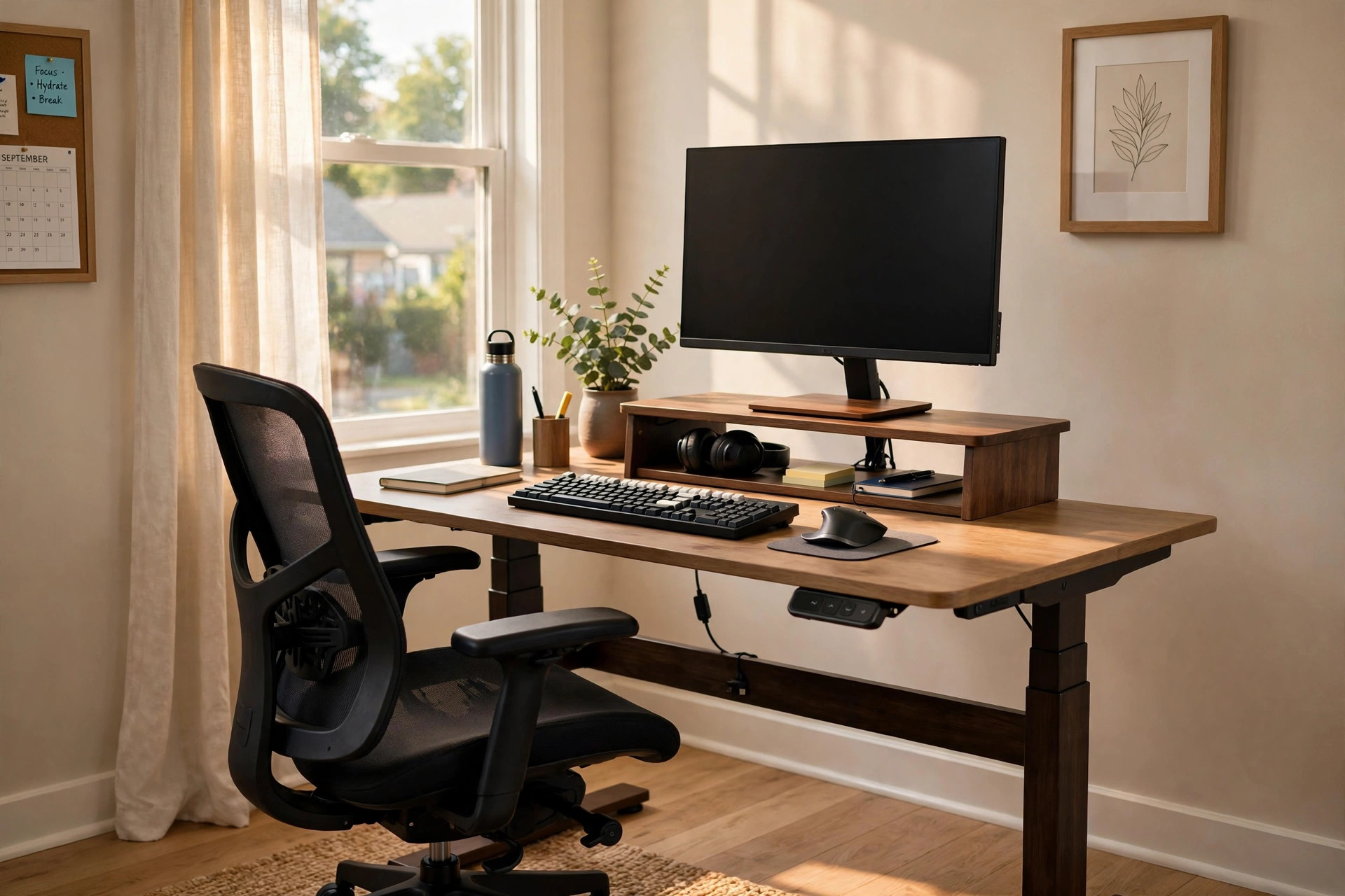 A tidy home office desk with an ergonomic desk setup for neck and shoulder pain