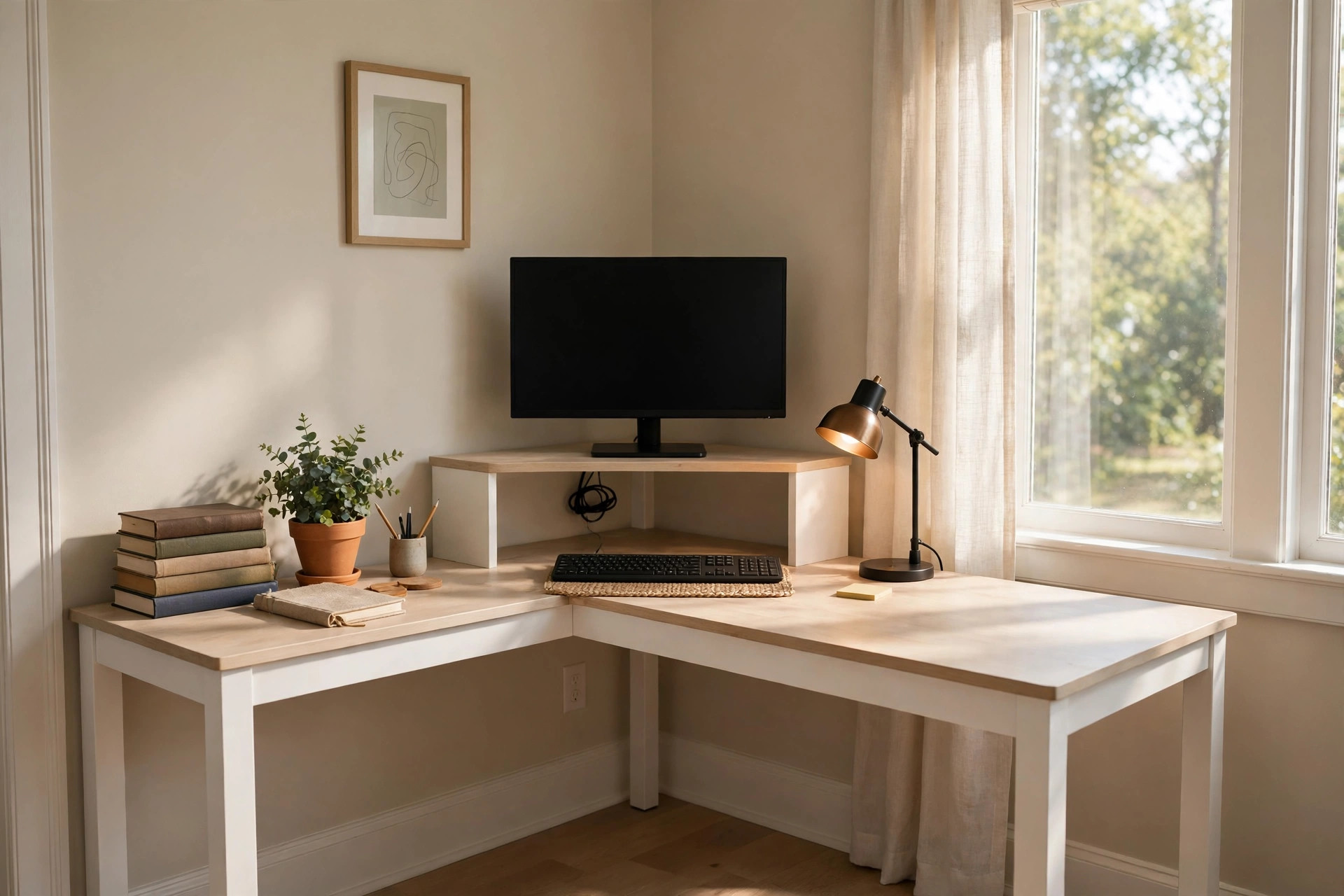 Small L shaped desk with monitor shelf in a home office corner