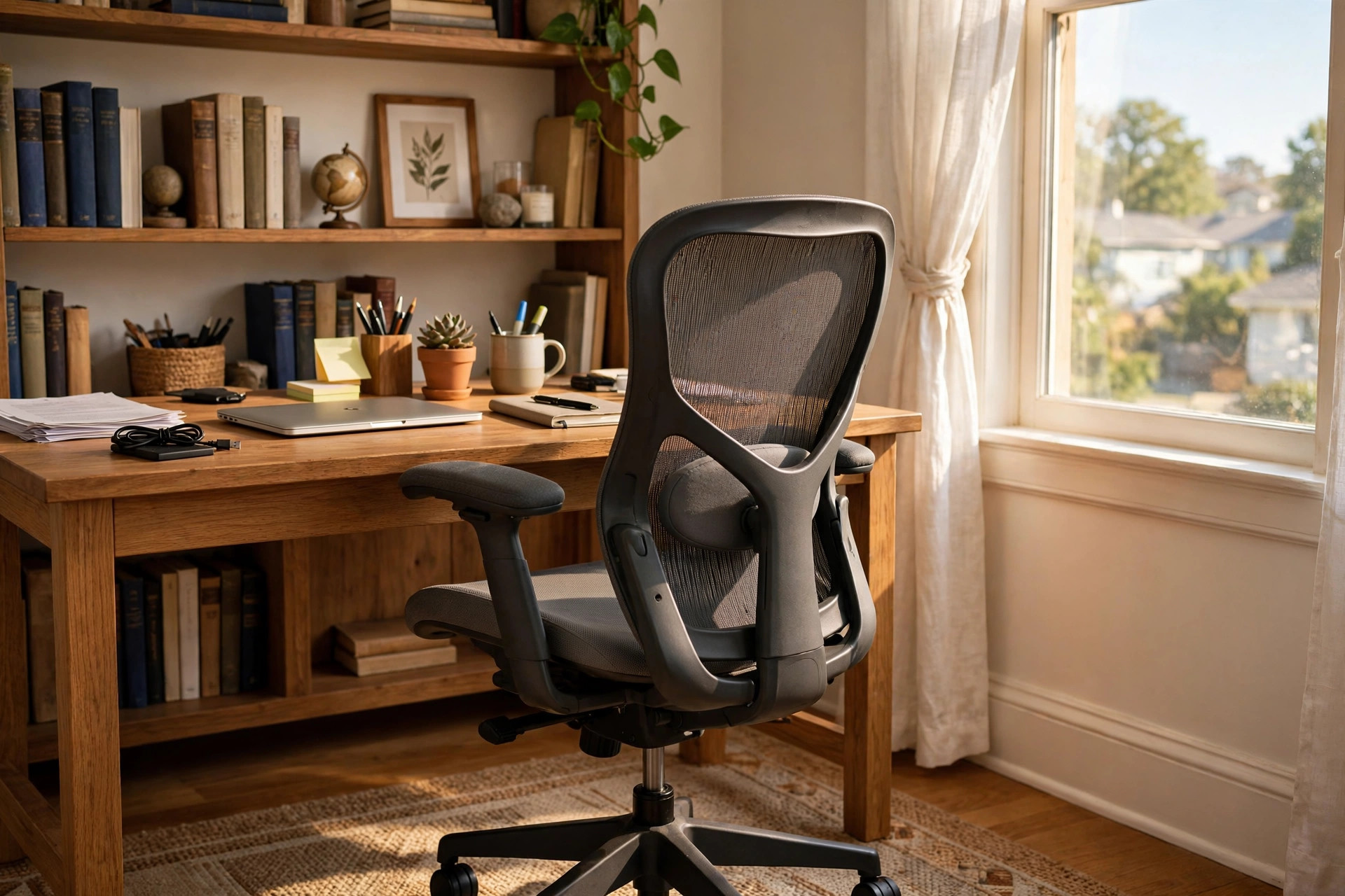A sturdy ergonomic office chair in a bright American home office, showing the best office chair for elderly home workers