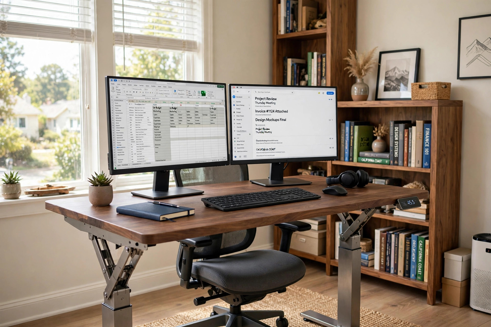 adjustable standing desk for tall person 6ft: A tall adjustable standing desk for a 6ft tall person in a home office