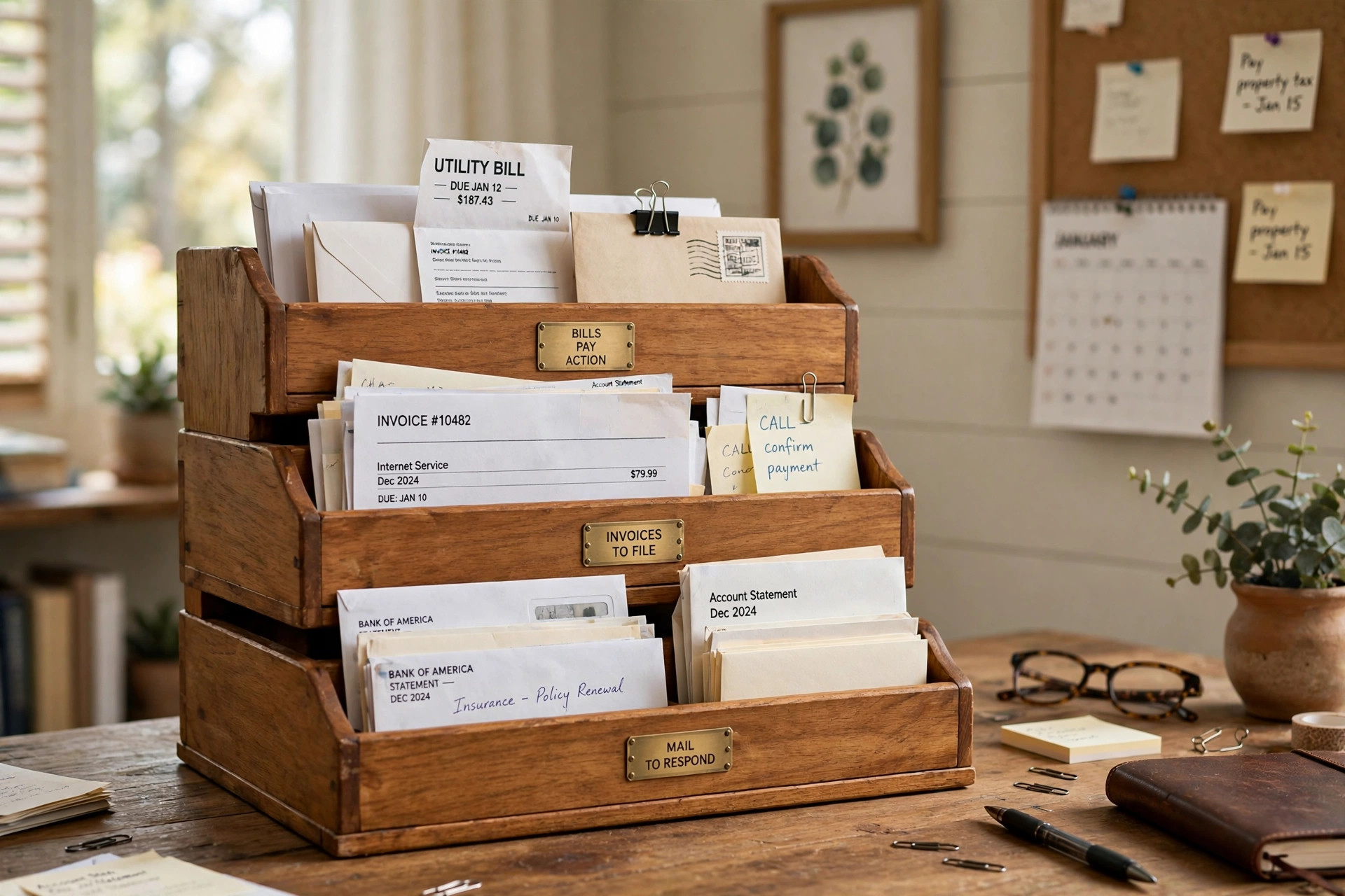 Home office desk organizer for mail and bills with labeled trays on a wooden desk