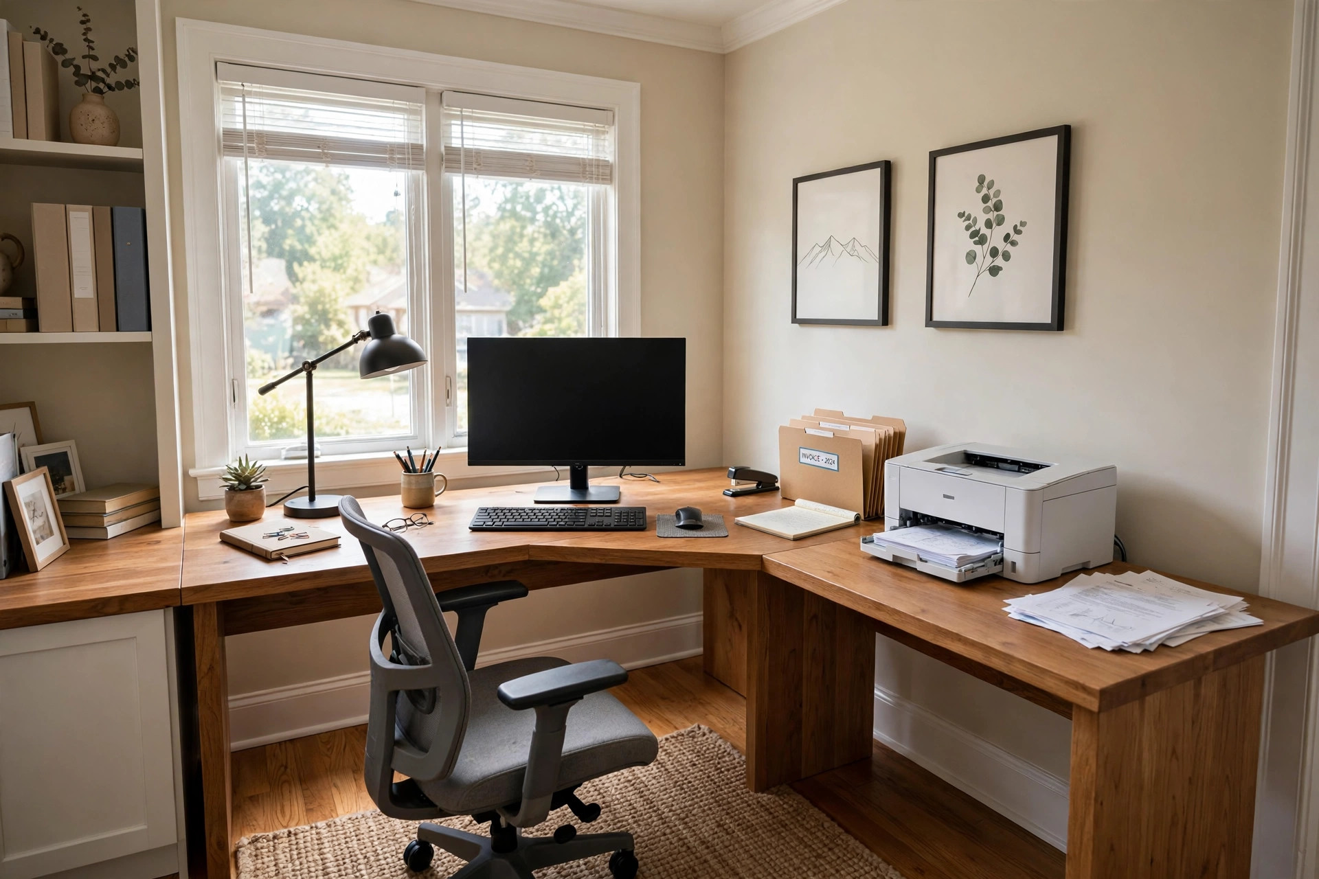 home office desk with side return extension in a home study room