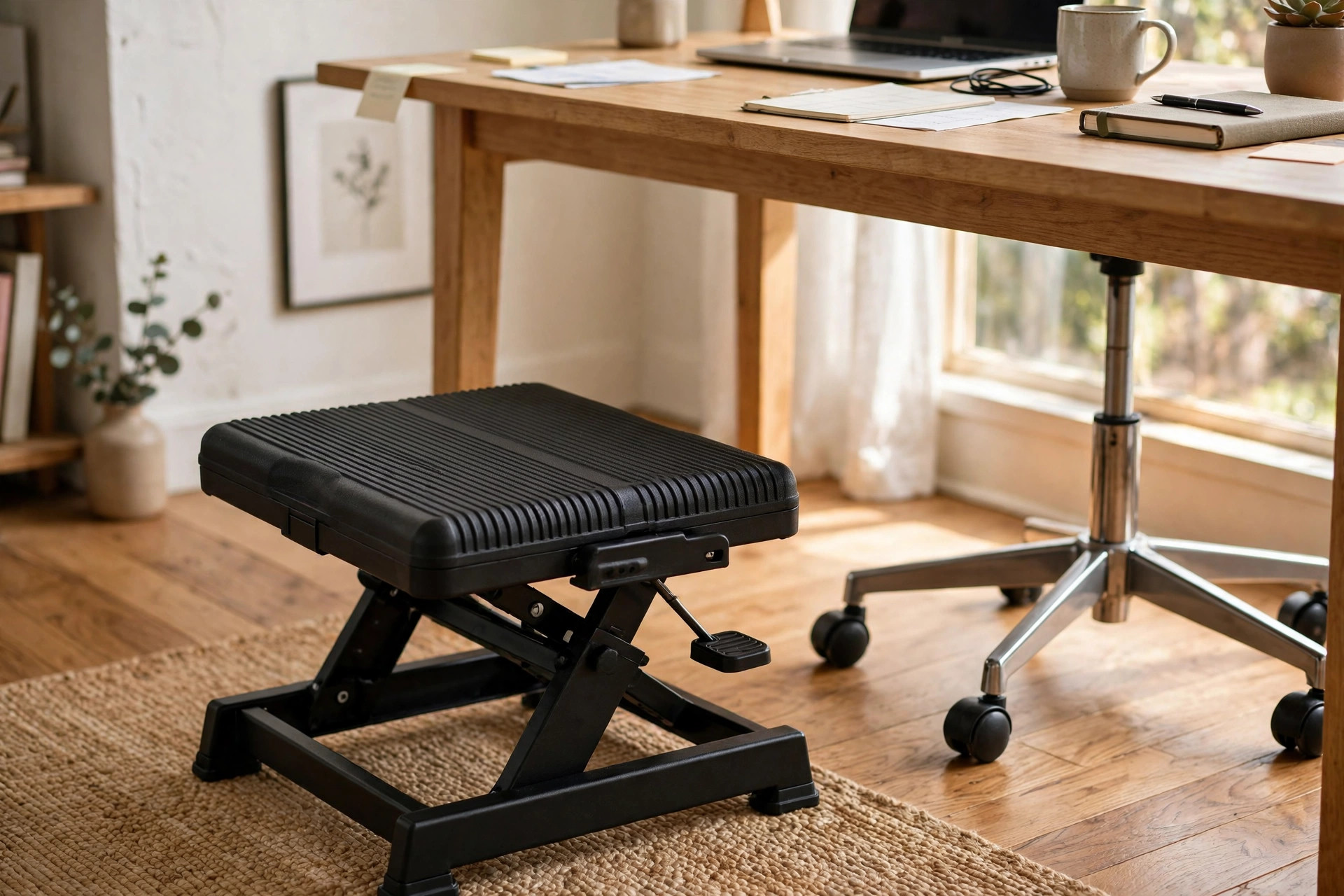 Adjustable footstool for under desk leg support in a home office
