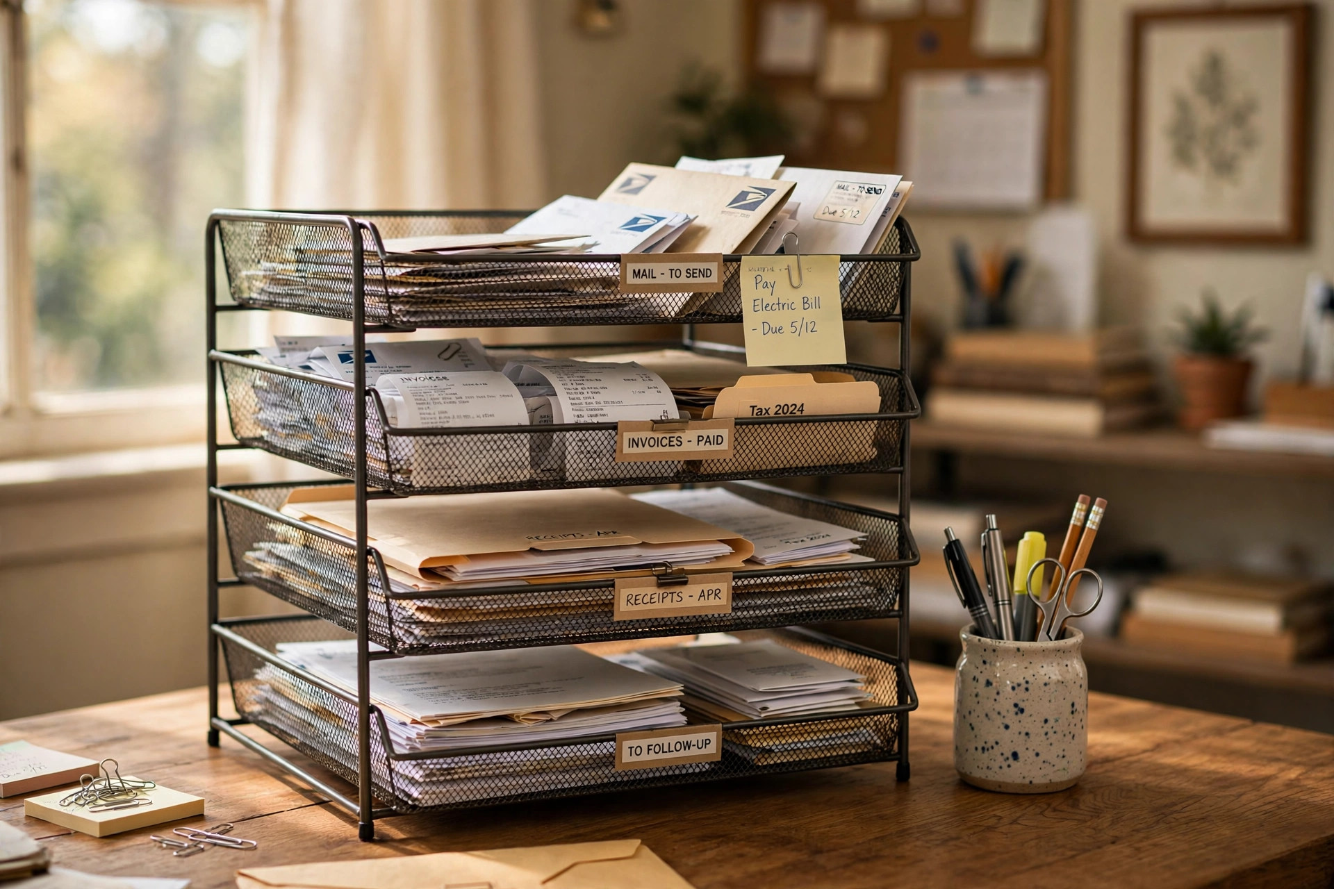 Home office paper tray organizer stackable holding sorted documents on a wooden desk