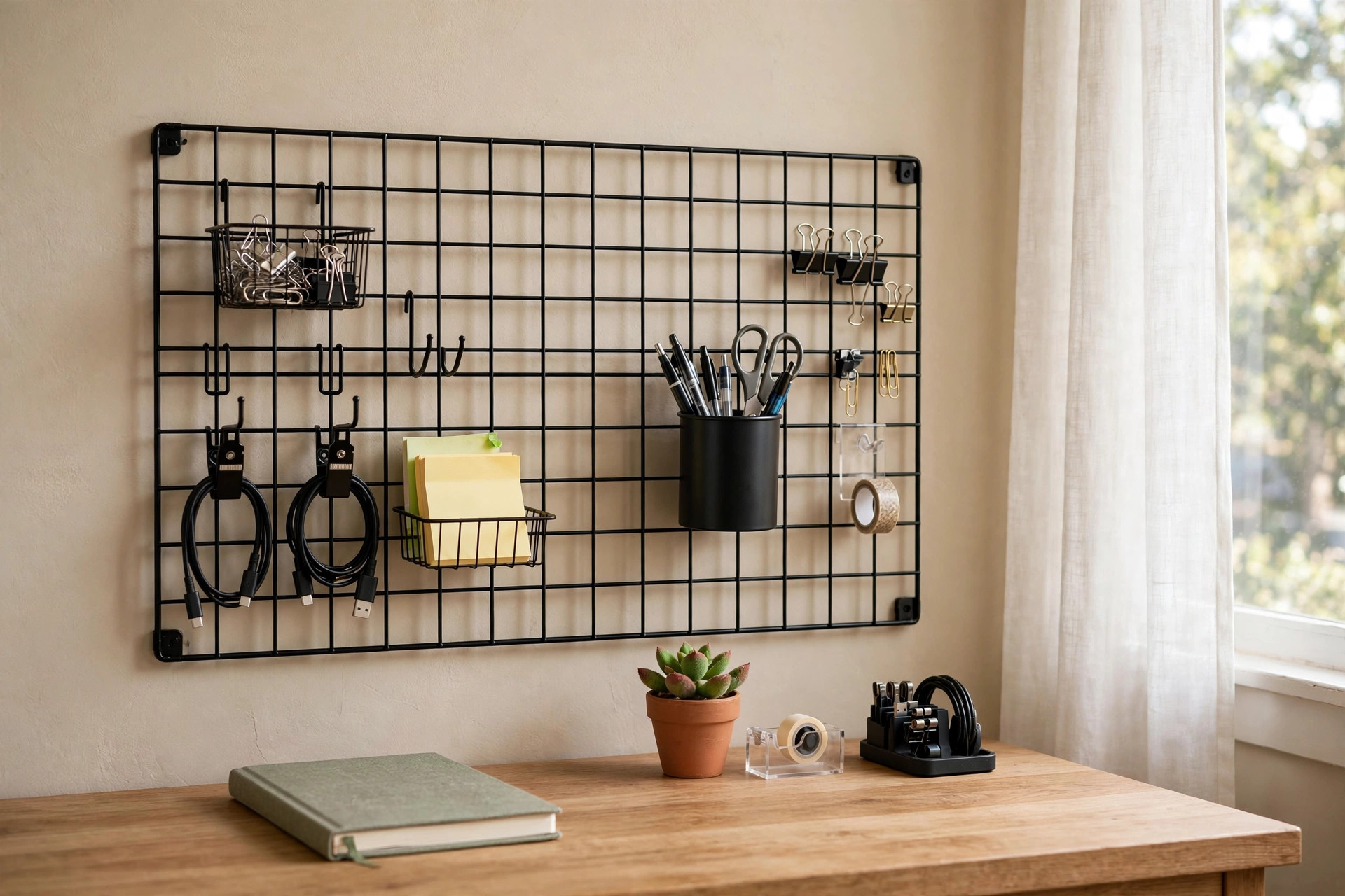 A home office wall grid panel for hanging supplies with baskets and hooks on a beige wall above a wooden desk