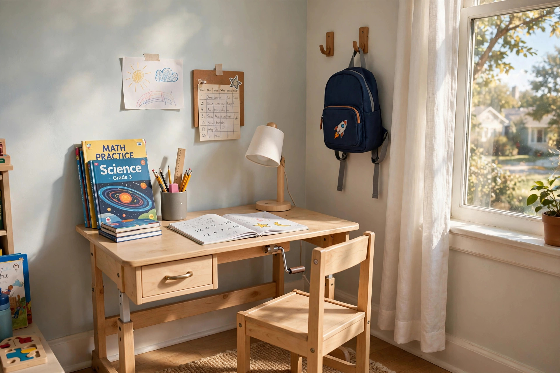 A small adjustable desk for kids homework station in a sunny child's bedroom