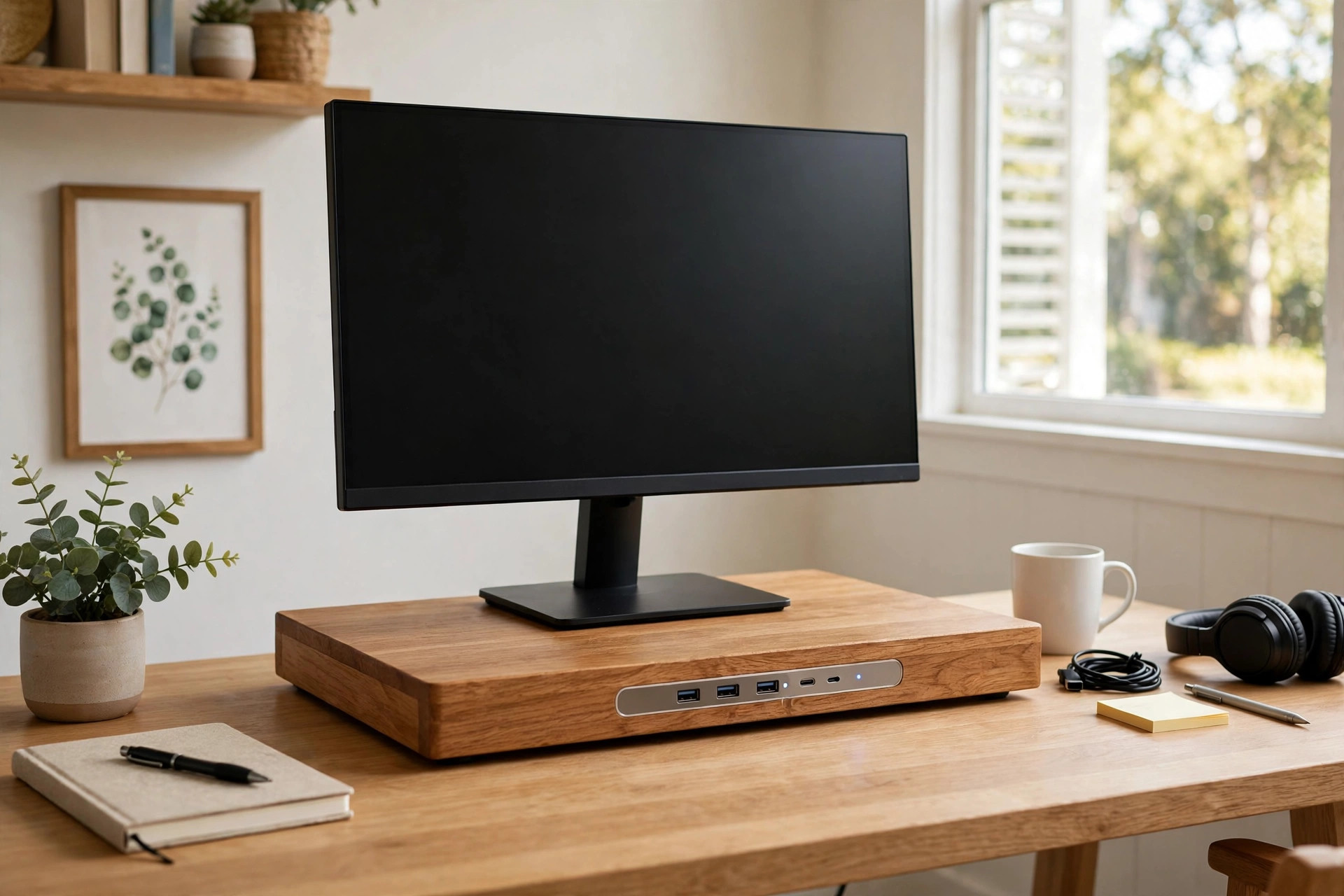 A wooden monitor riser with a built-in USB hub holding a home office monitor stand with usb hub setup on a clean desk