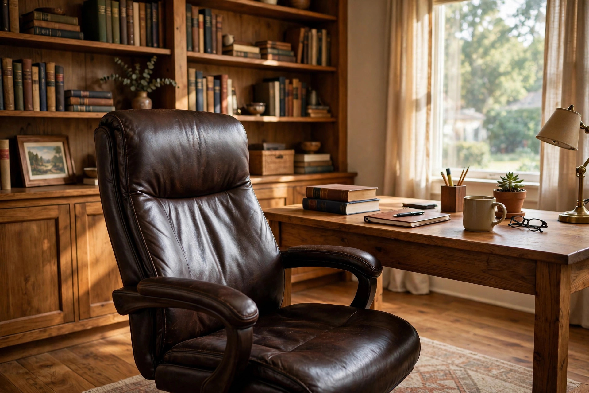 A dark brown leather ergonomic executive office chair for home study placed in a warm American home study room