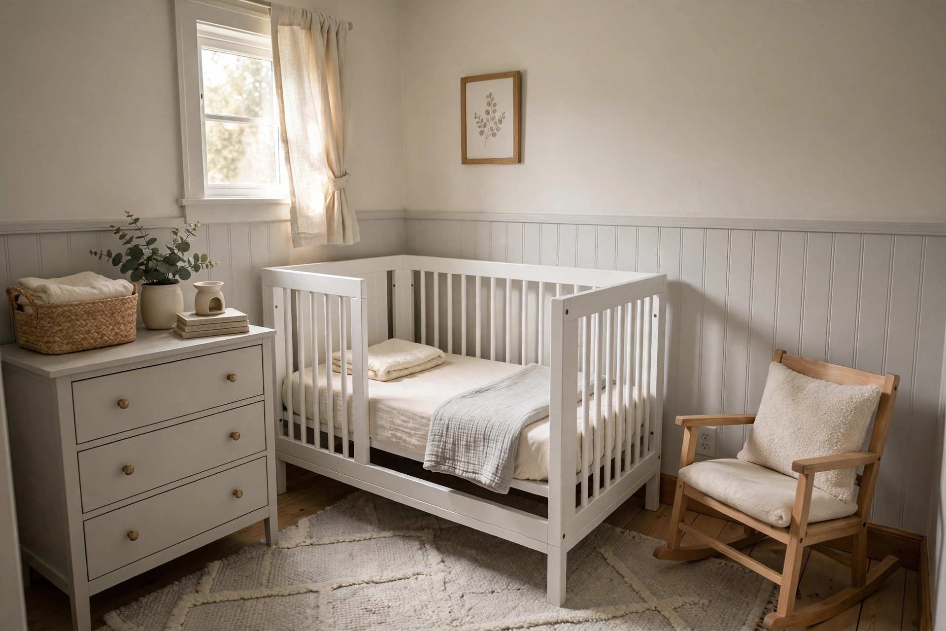 best convertible crib for small nursery room: White convertible crib in a small nursery room