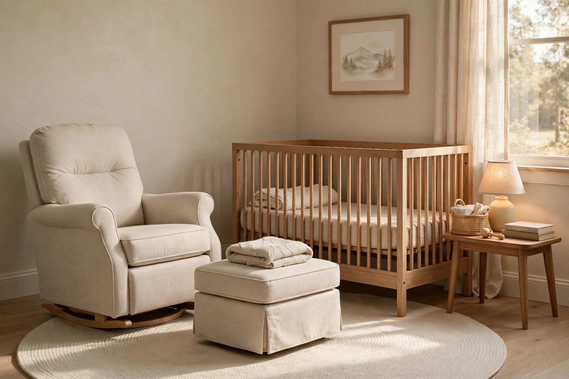 Nursery glider chair with ottoman for breastfeeding in a calm nursery