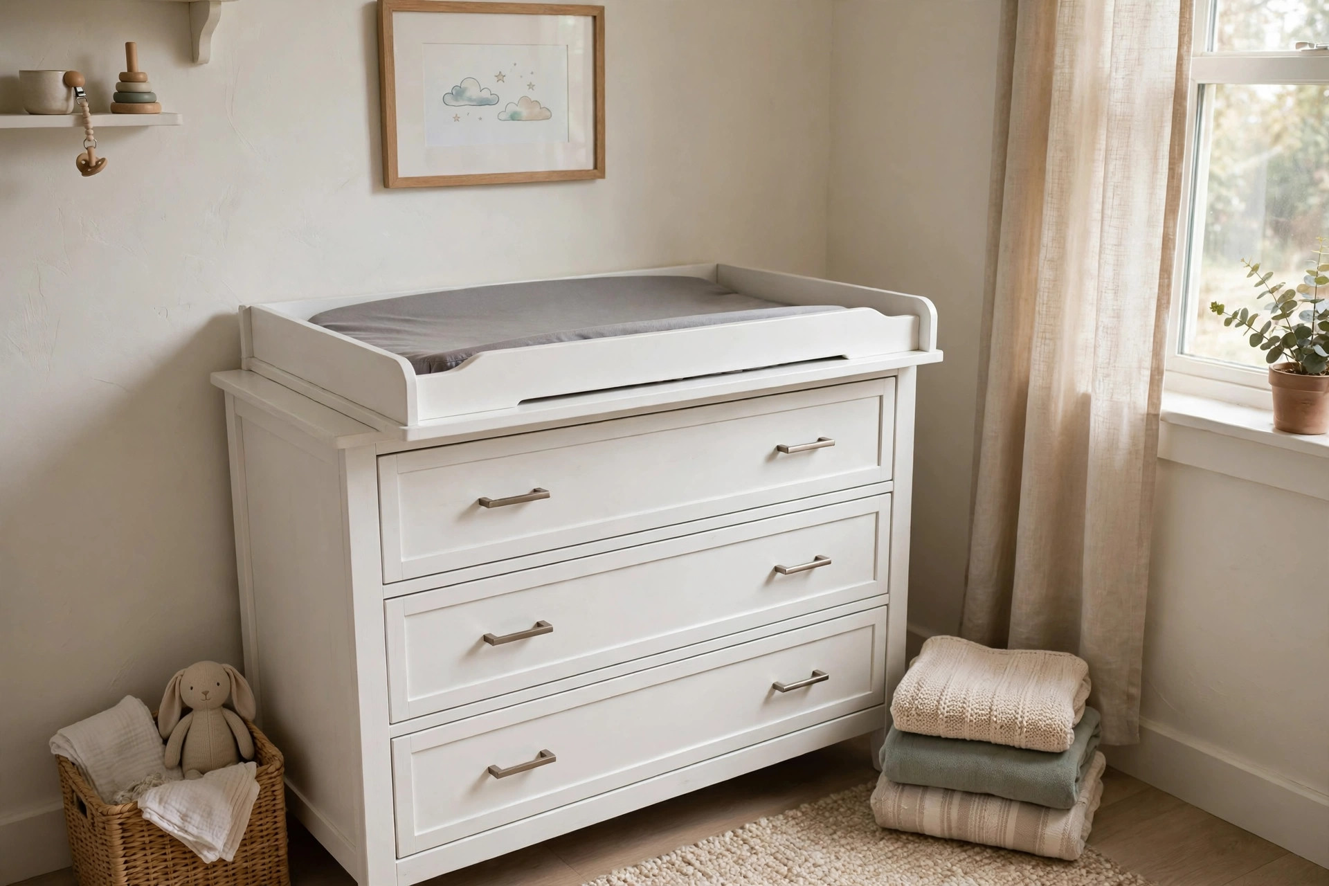 Nursery dresser changing table combo for small space in a cozy nursery