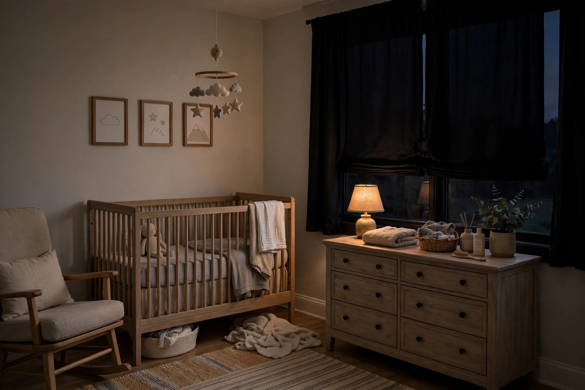 Best blackout curtains for nursery windows USA hanging in a calm nursery room