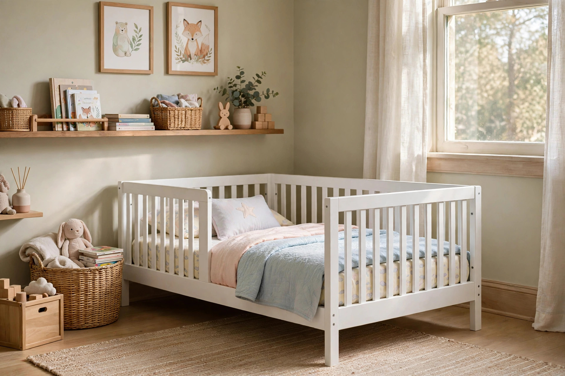 Toddler bed with guard rails for first bed in a nursery