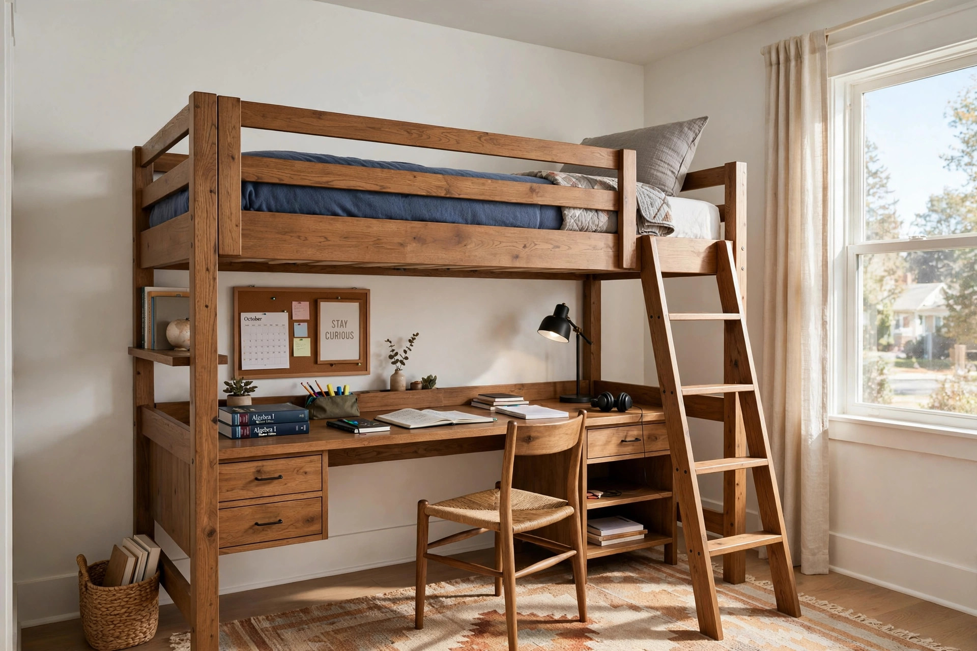 A wooden kids loft bed with desk underneath for teens set up in a bright bedroom