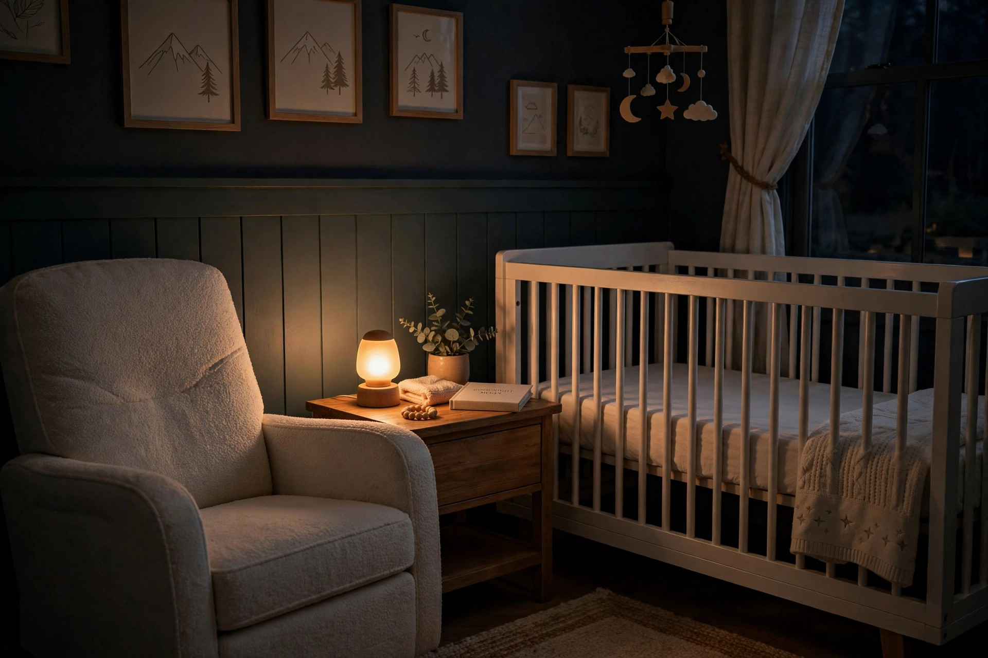 Nursery night light with dimmer for feeding glowing softly on a bedside table
