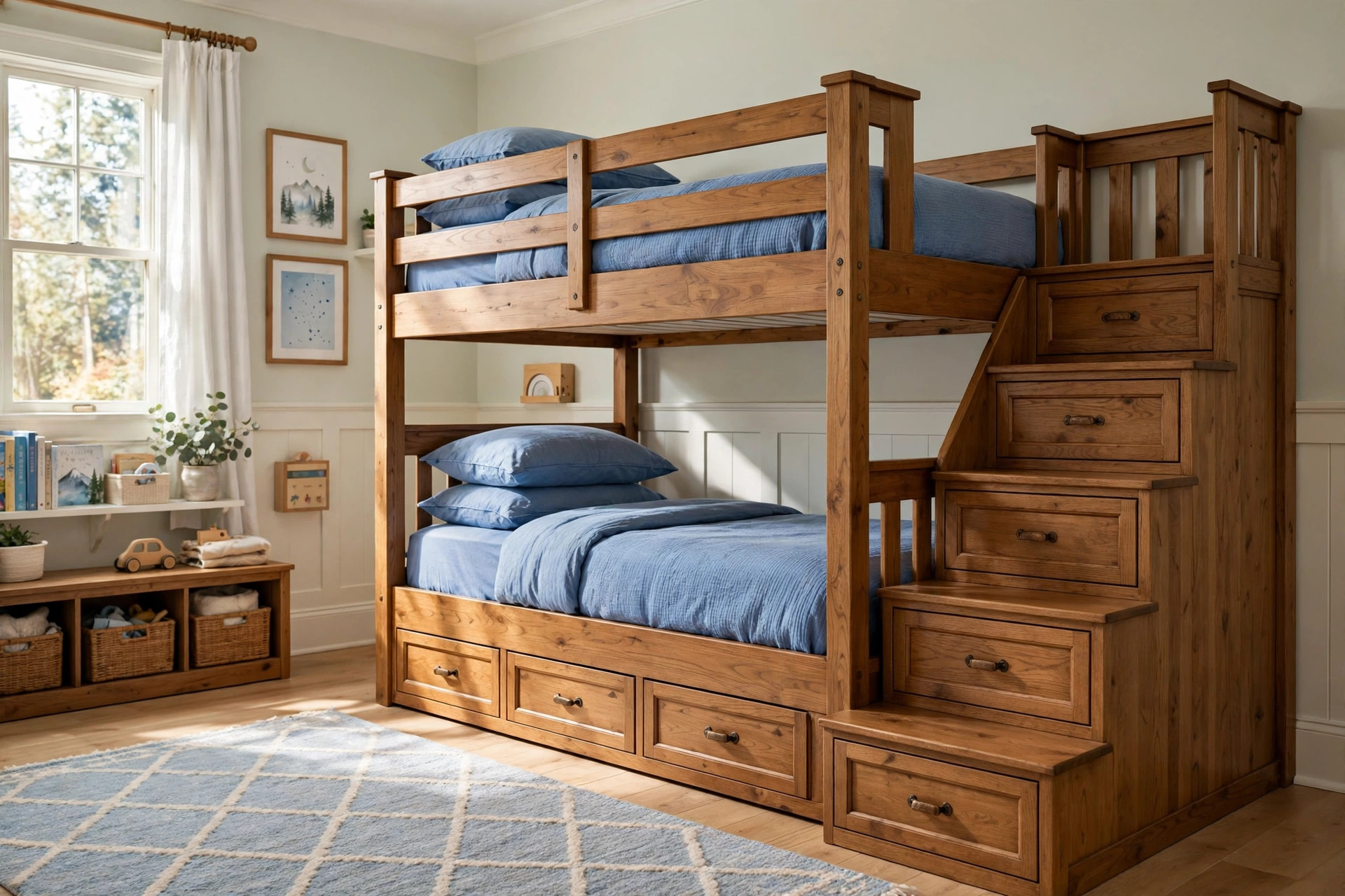 best bunk bed with stairs for kids room: Wooden bunk bed with stairs in a kids room