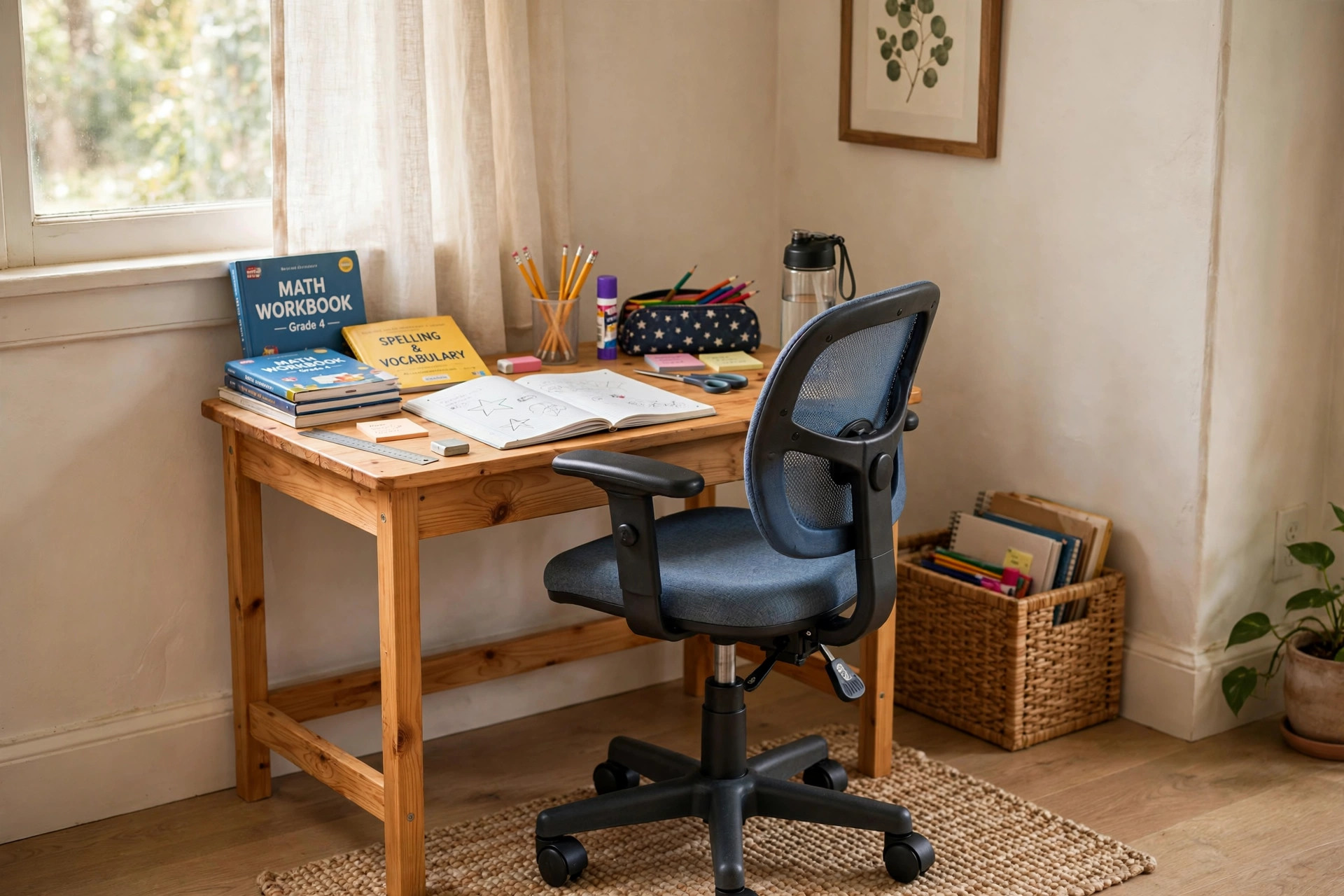 A kids desk chair adjustable for growing children in a home study area
