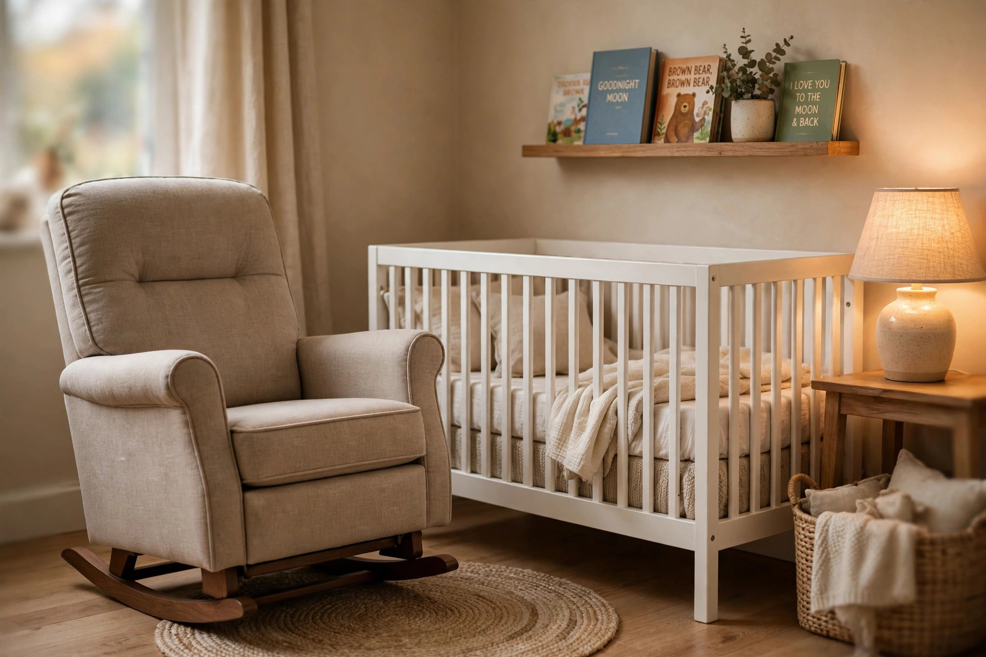 best rocking chair for nursery small spaces: A compact rocking chair in a small nursery with a crib and soft lighting