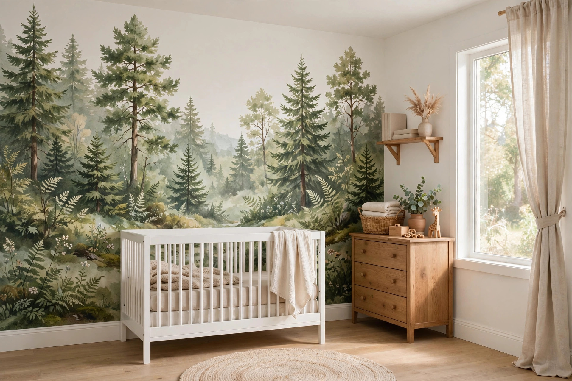 Nursery wall mural peel and stick forest in a baby room