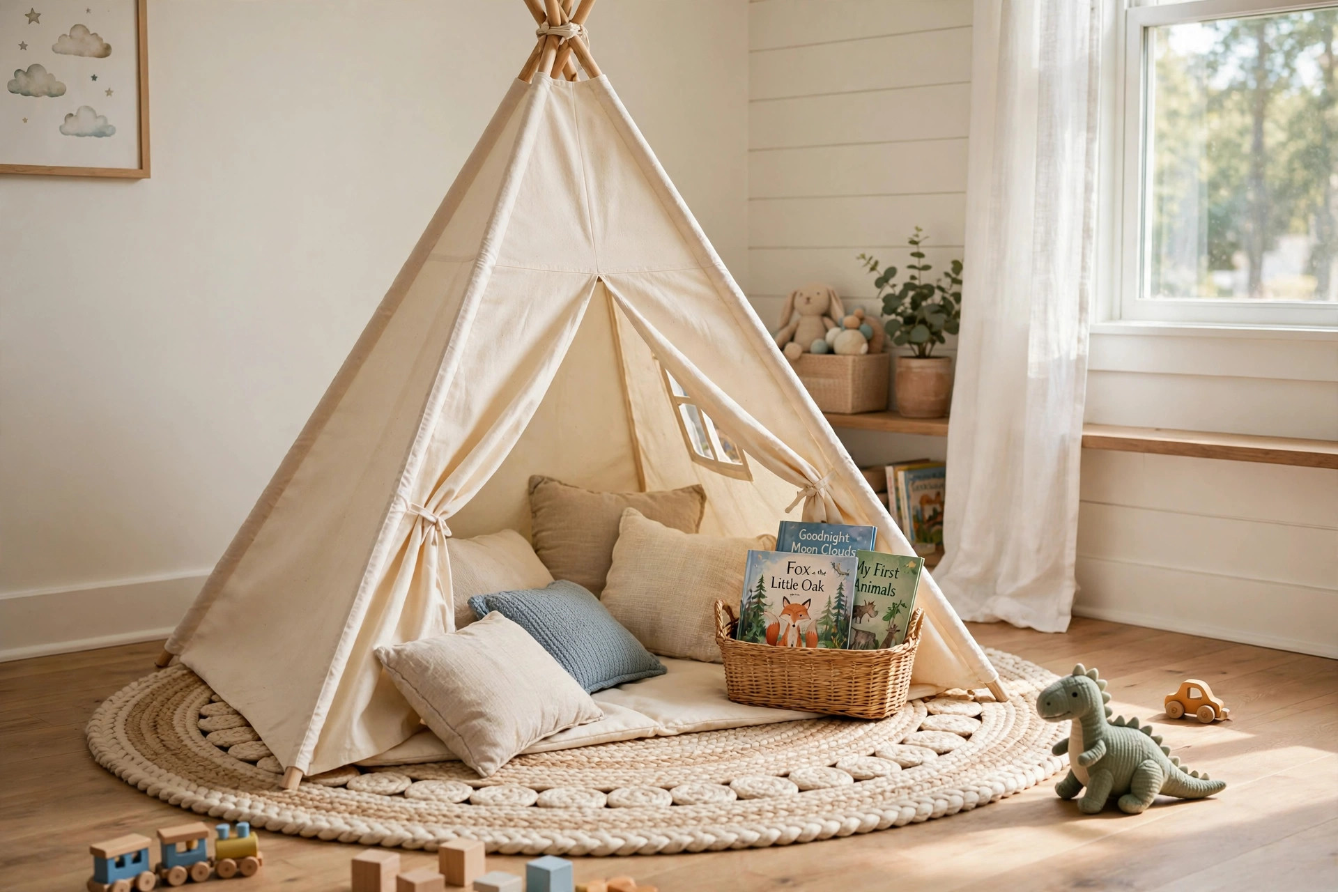 kids teepee tent for indoor playroom decor: A kids teepee tent in a bright playroom with soft cushions and toys
