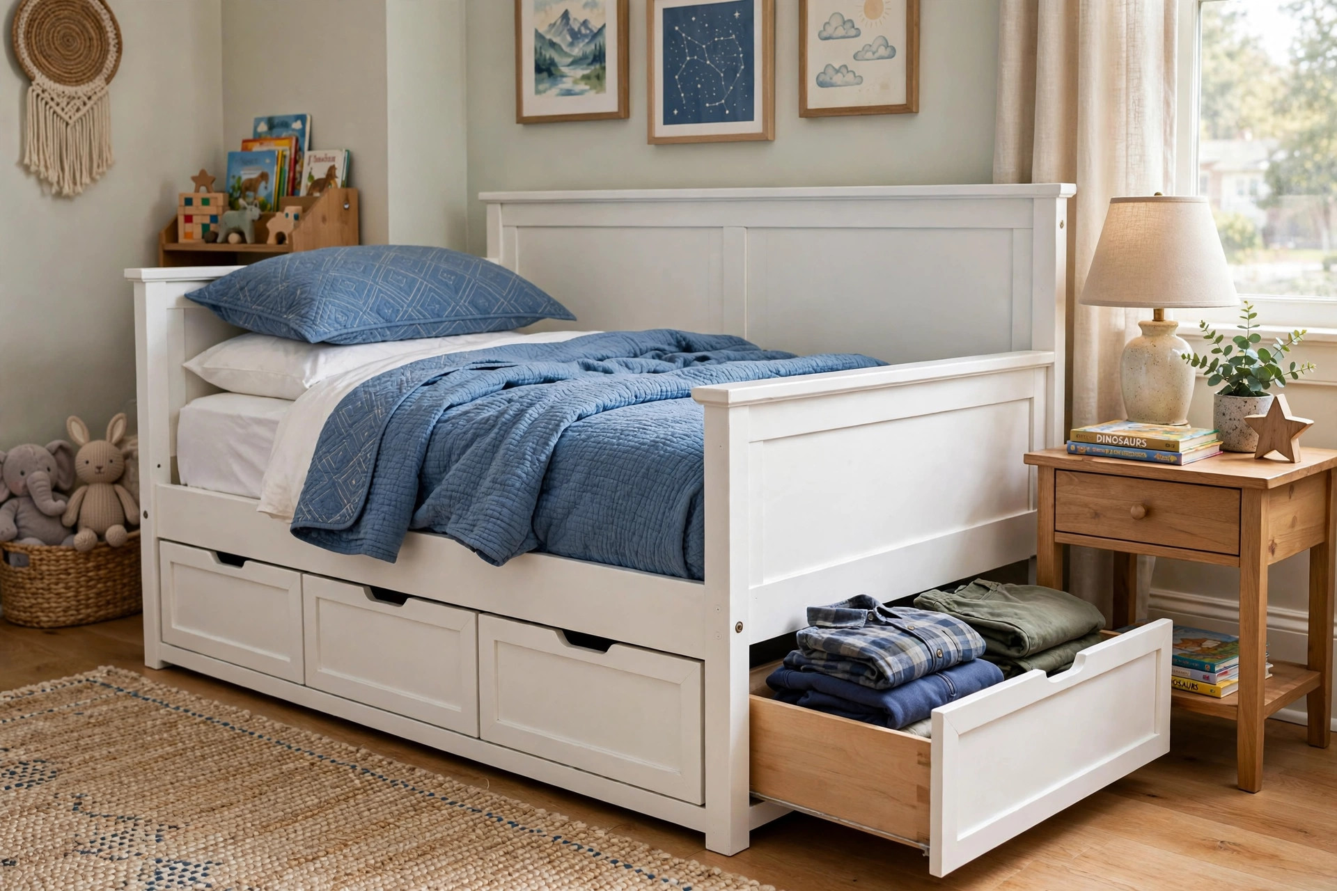Best kids bed with storage drawers underneath in a tidy child's bedroom